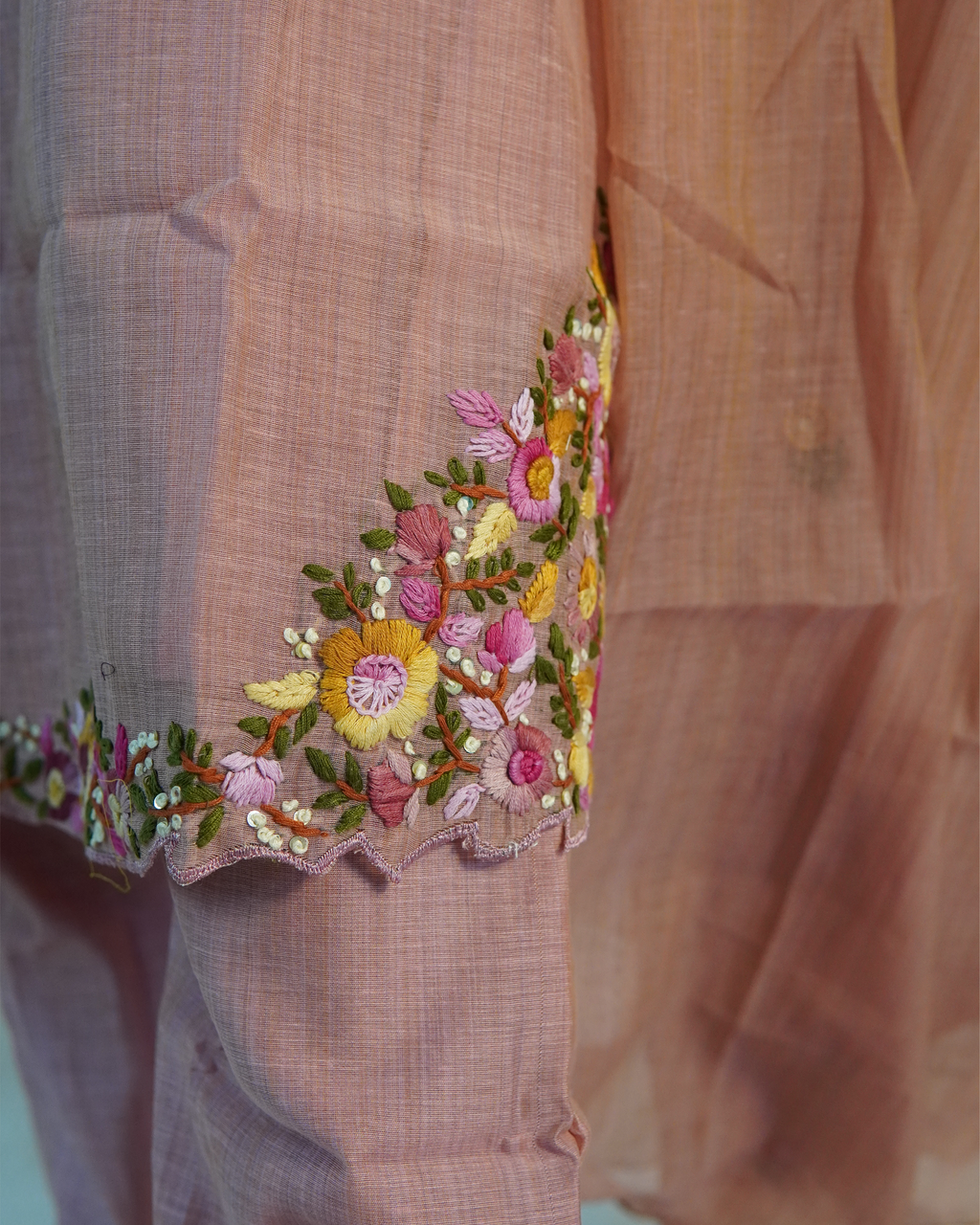 Raw Silk Hand Embroidered Kurti Set [Peach Blush]