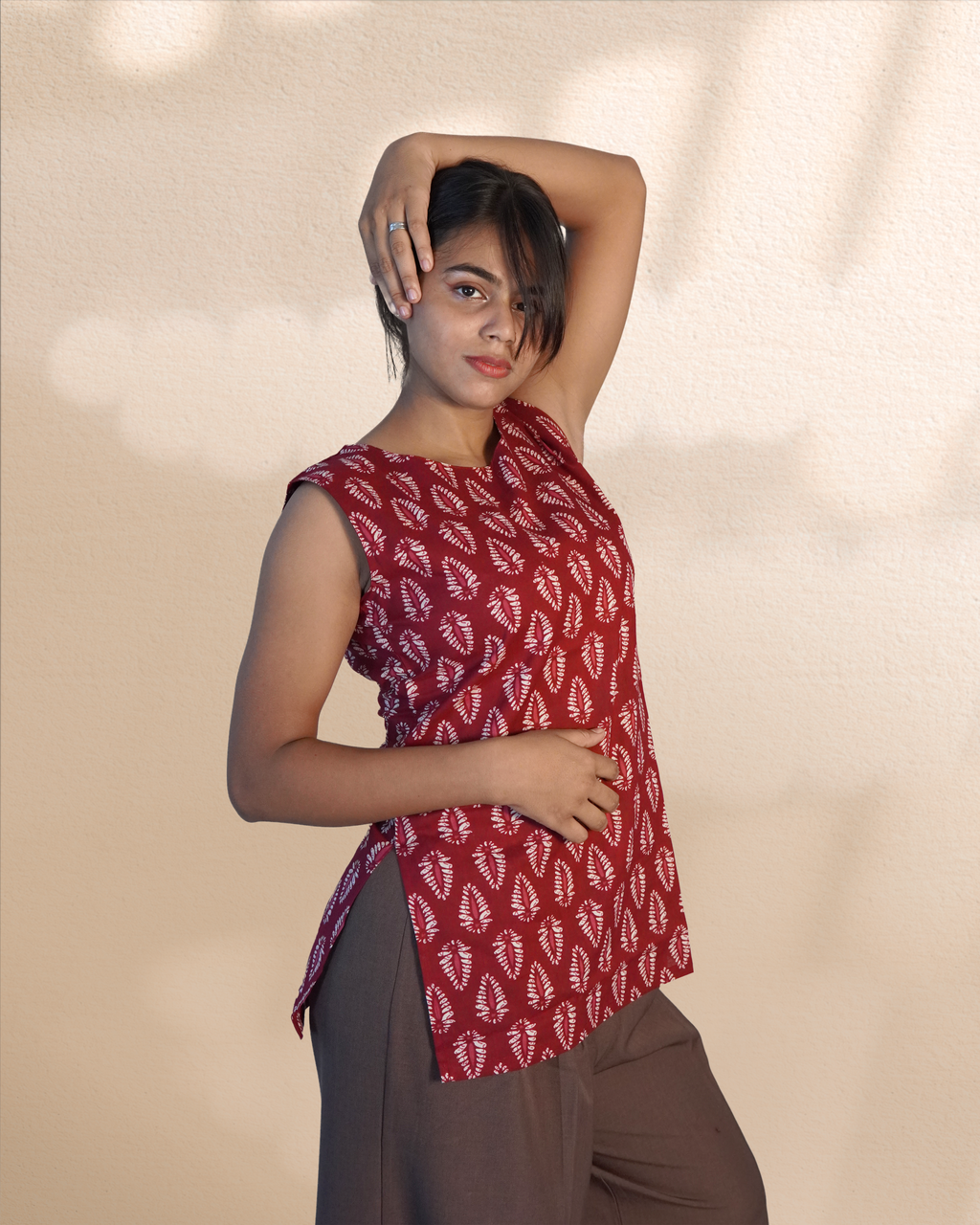 Sleeveless Block Printed Top [Maroon]