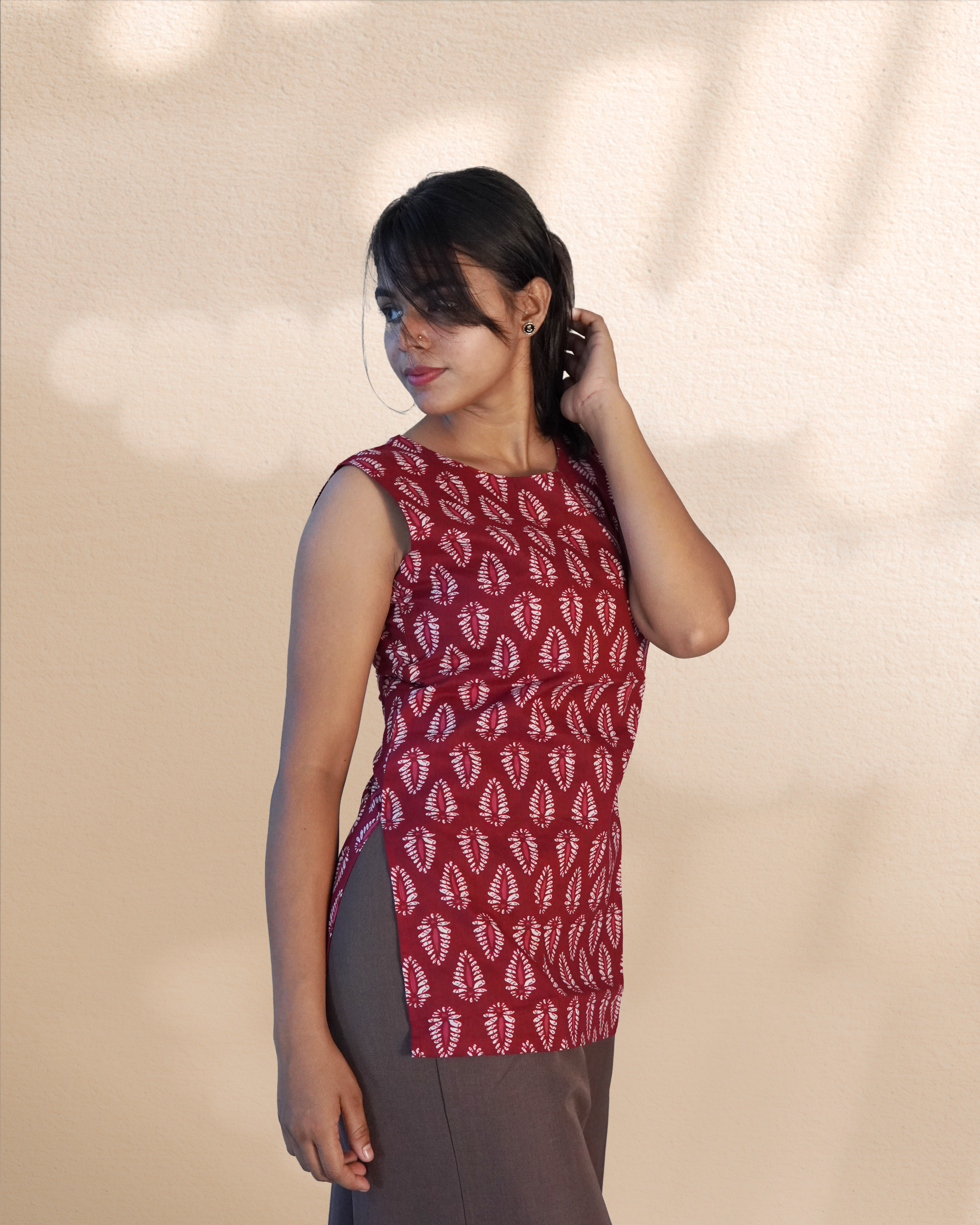 Sleeveless Block Printed Top [Maroon]