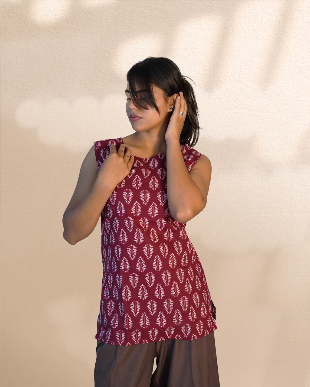 Sleeveless Block Printed Top [Maroon]