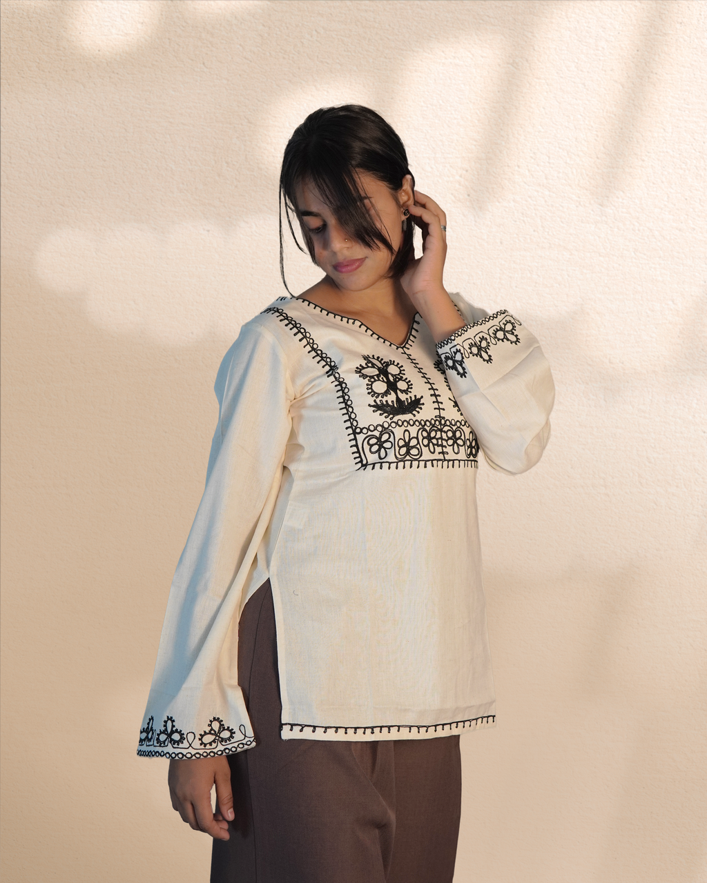 Embroidered Cotton Kurti Top [White]