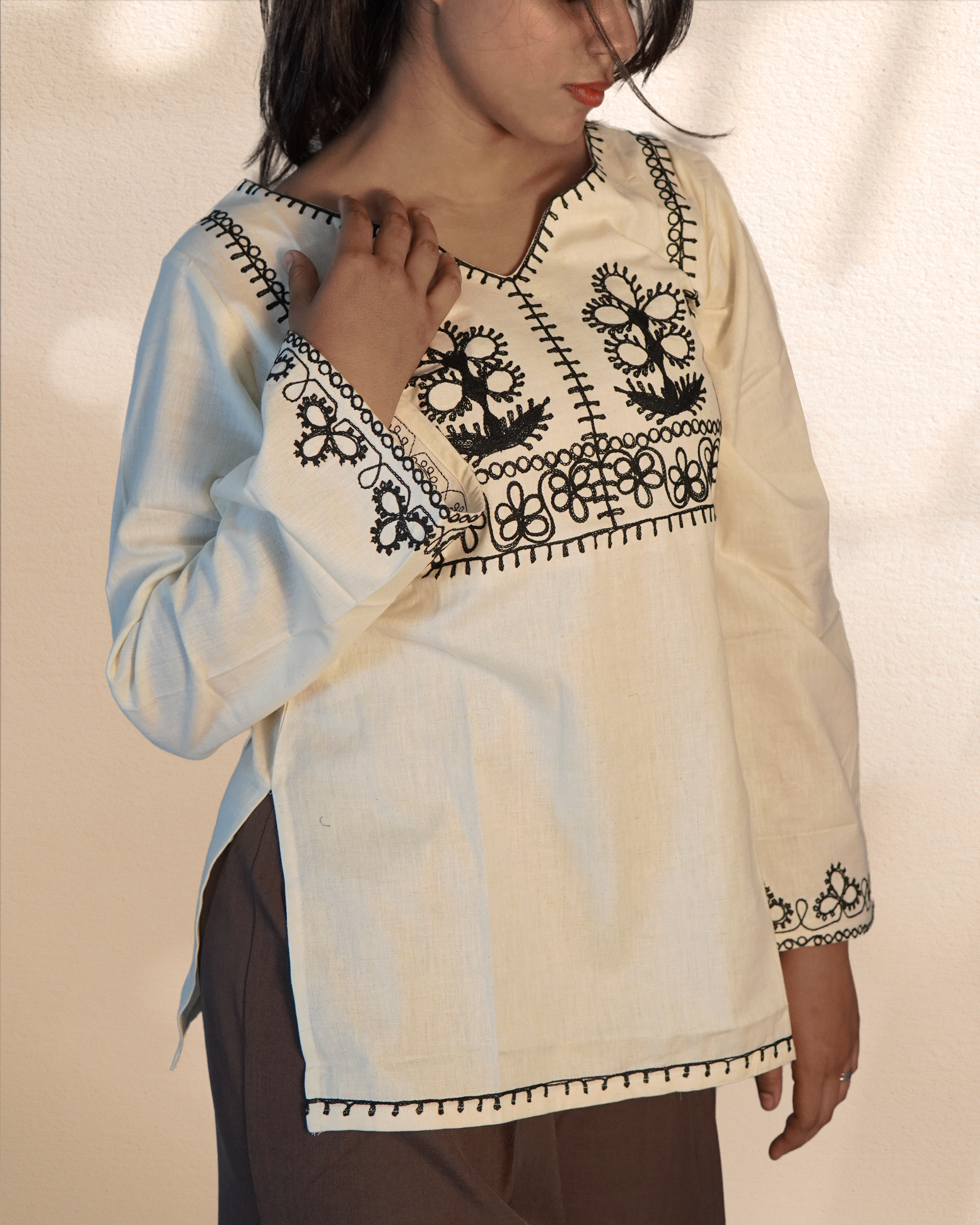 Embroidered Cotton Kurti Top [White]