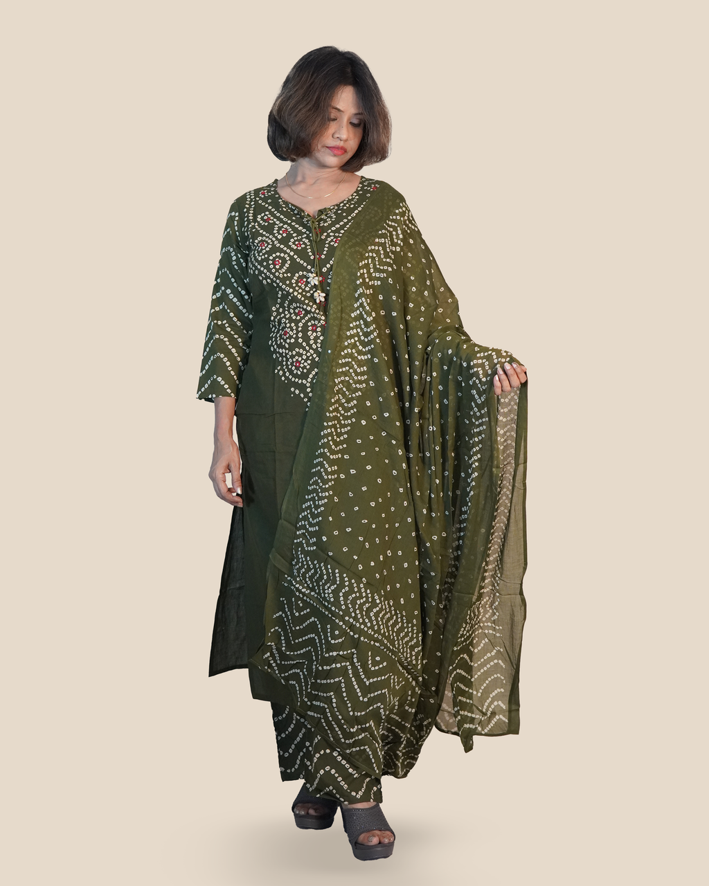 Pure cotton Bandhni 3 Piece Set [Olive]