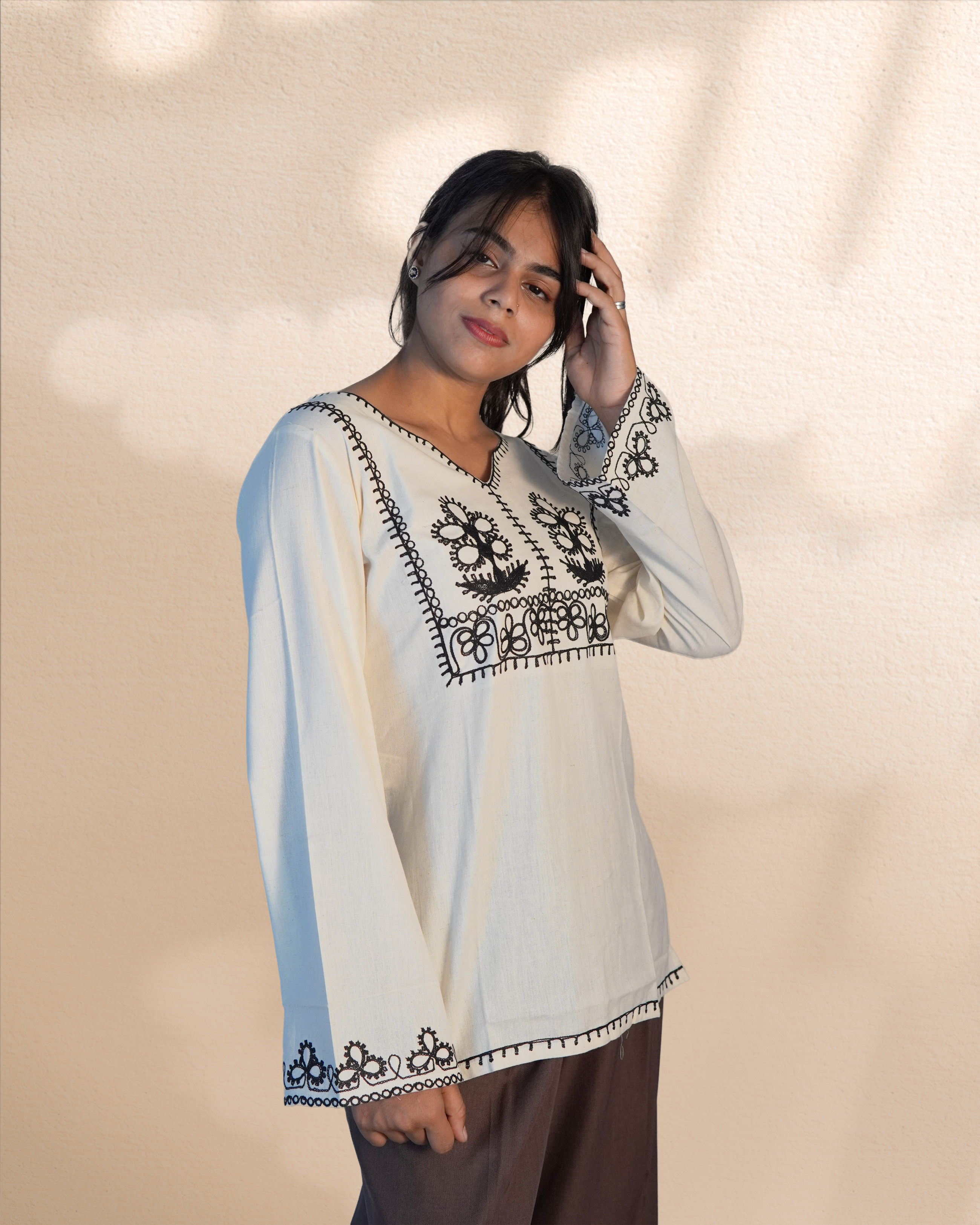 Embroidered Cotton Kurti Top [White]
