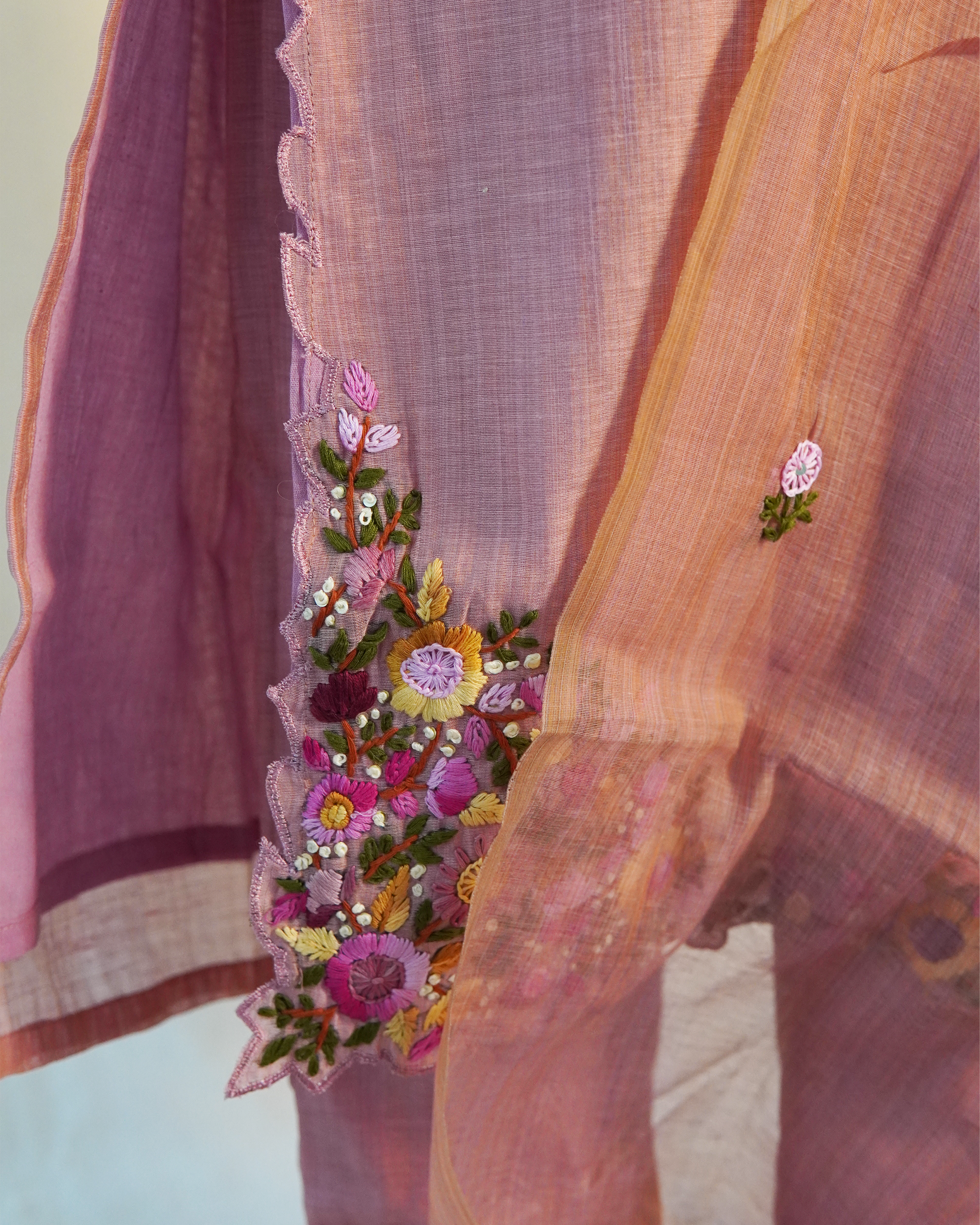 Raw Silk Hand Embroidered Kurti Set [Peach Blush]