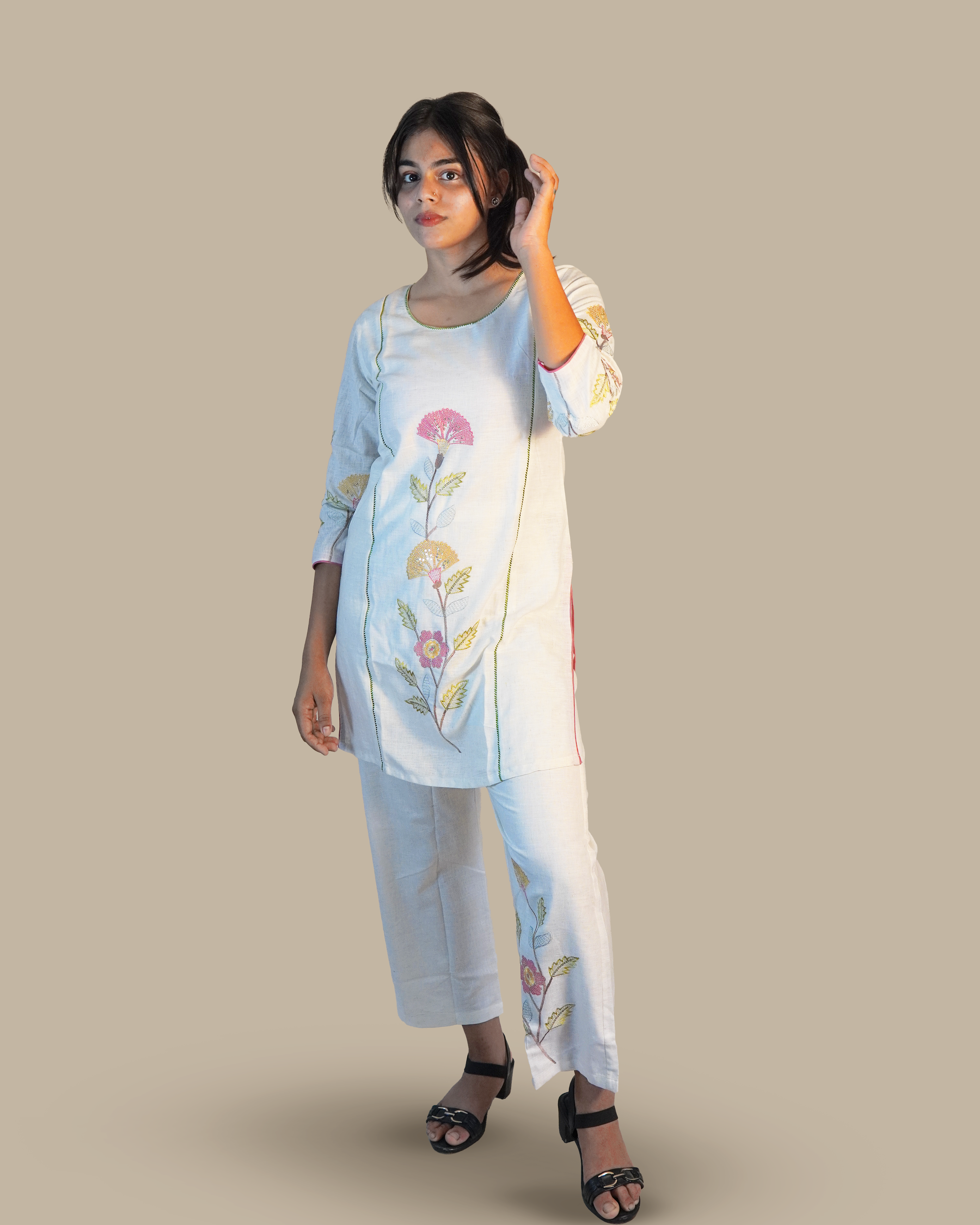Embroidered Cotton Co-Ord set [White]