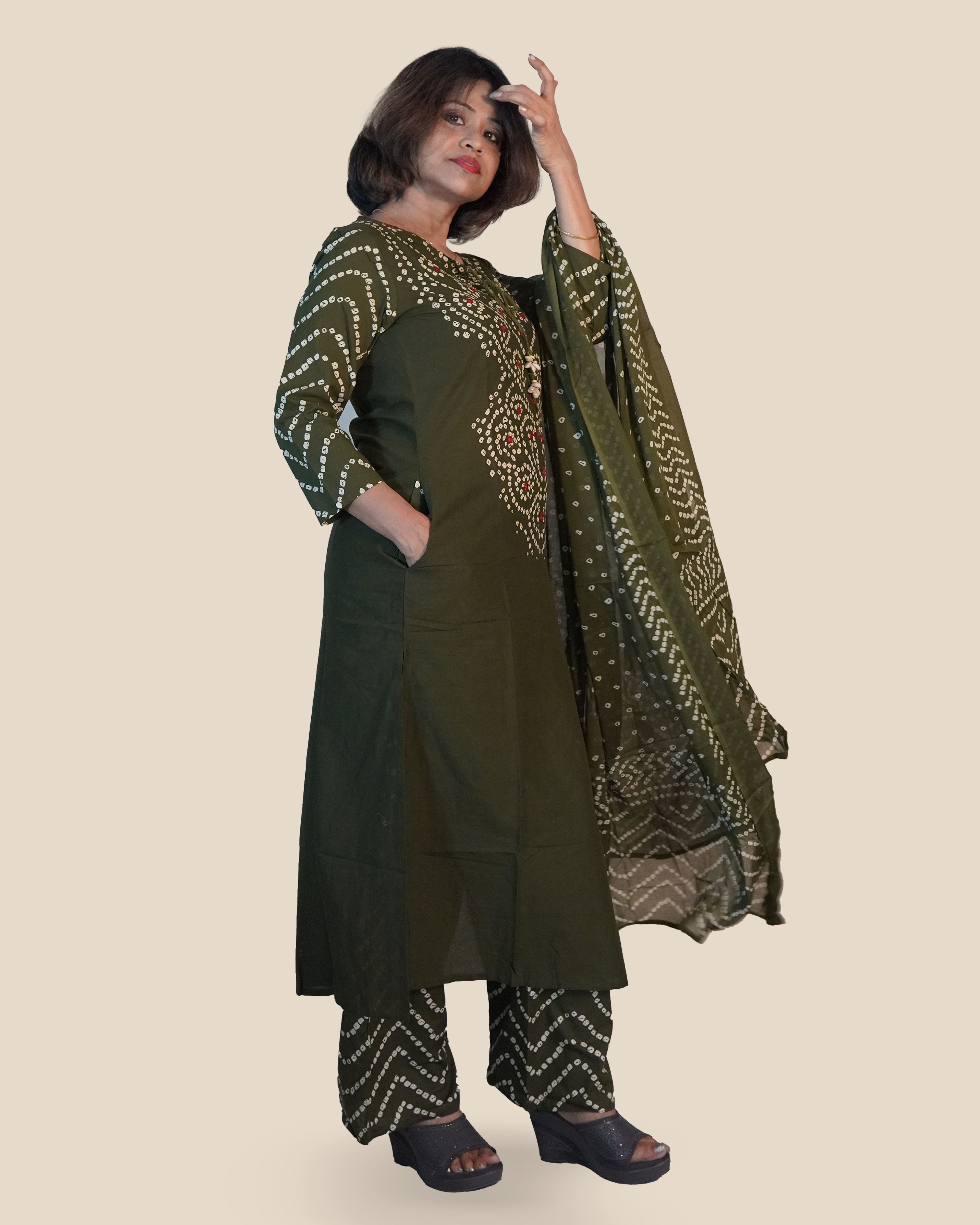 Pure cotton Bandhni 3 Piece Set [Olive]