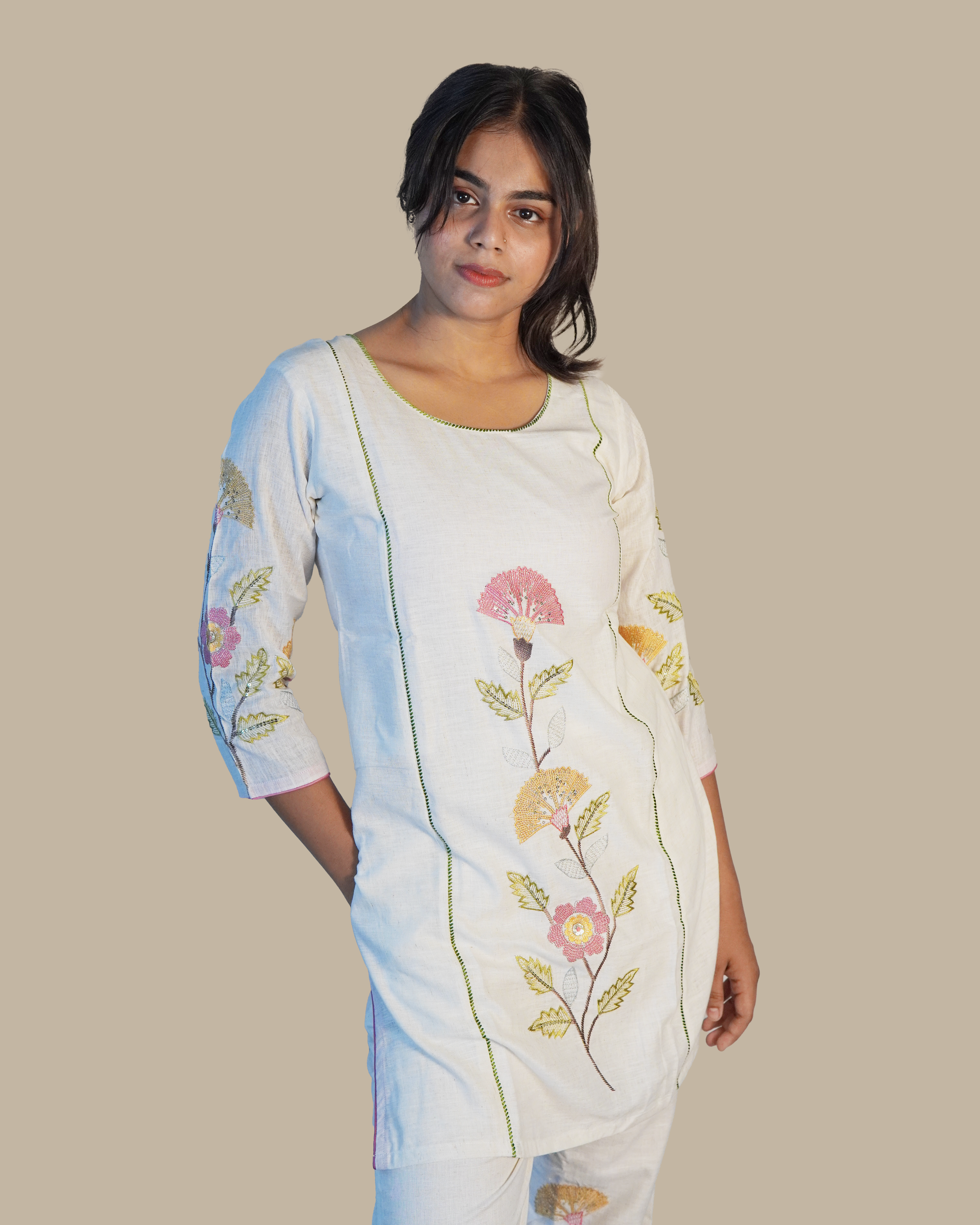 Embroidered Cotton Co-Ord set [White]