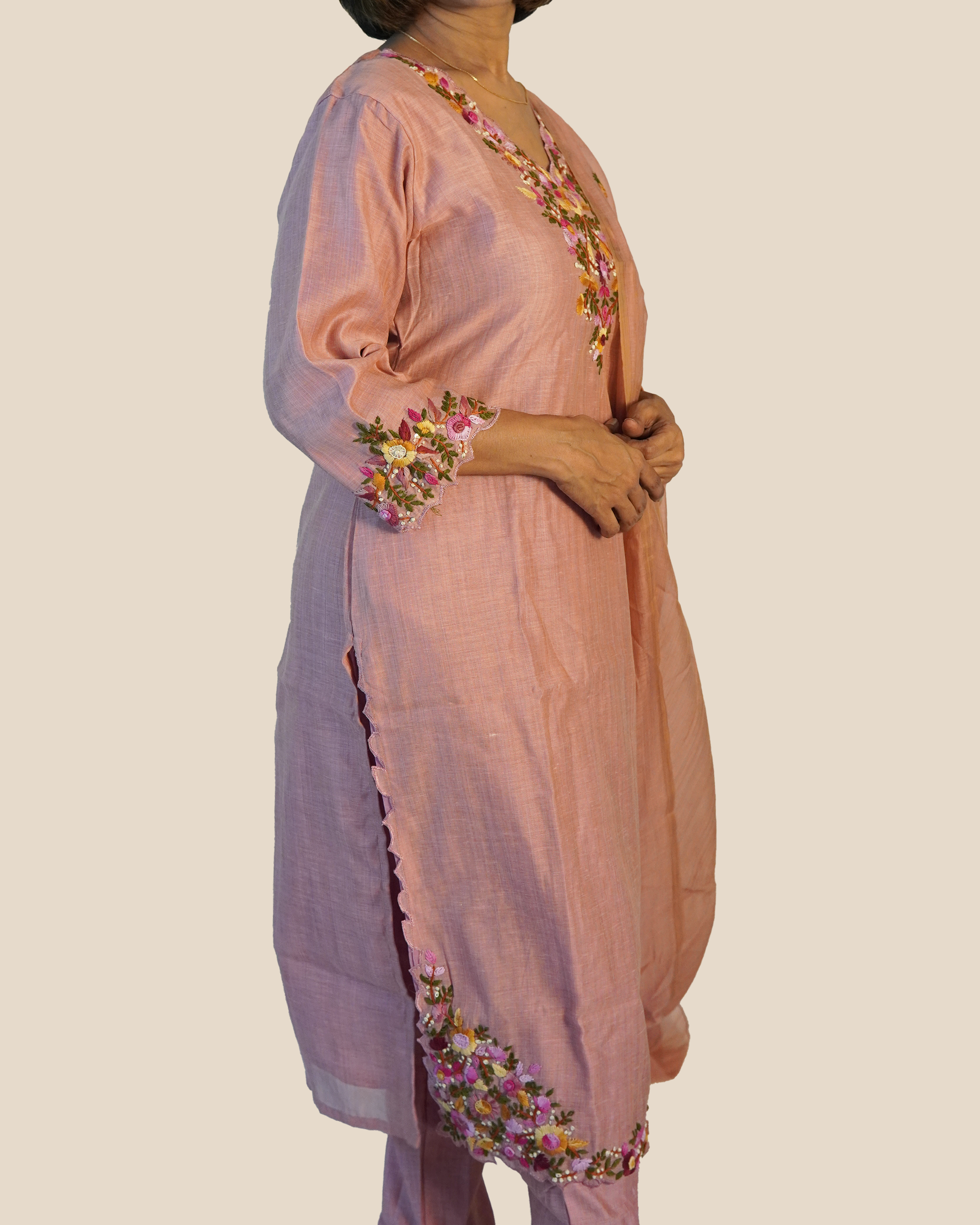 Raw Silk Hand Embroidered Kurti Set [Peach Blush]