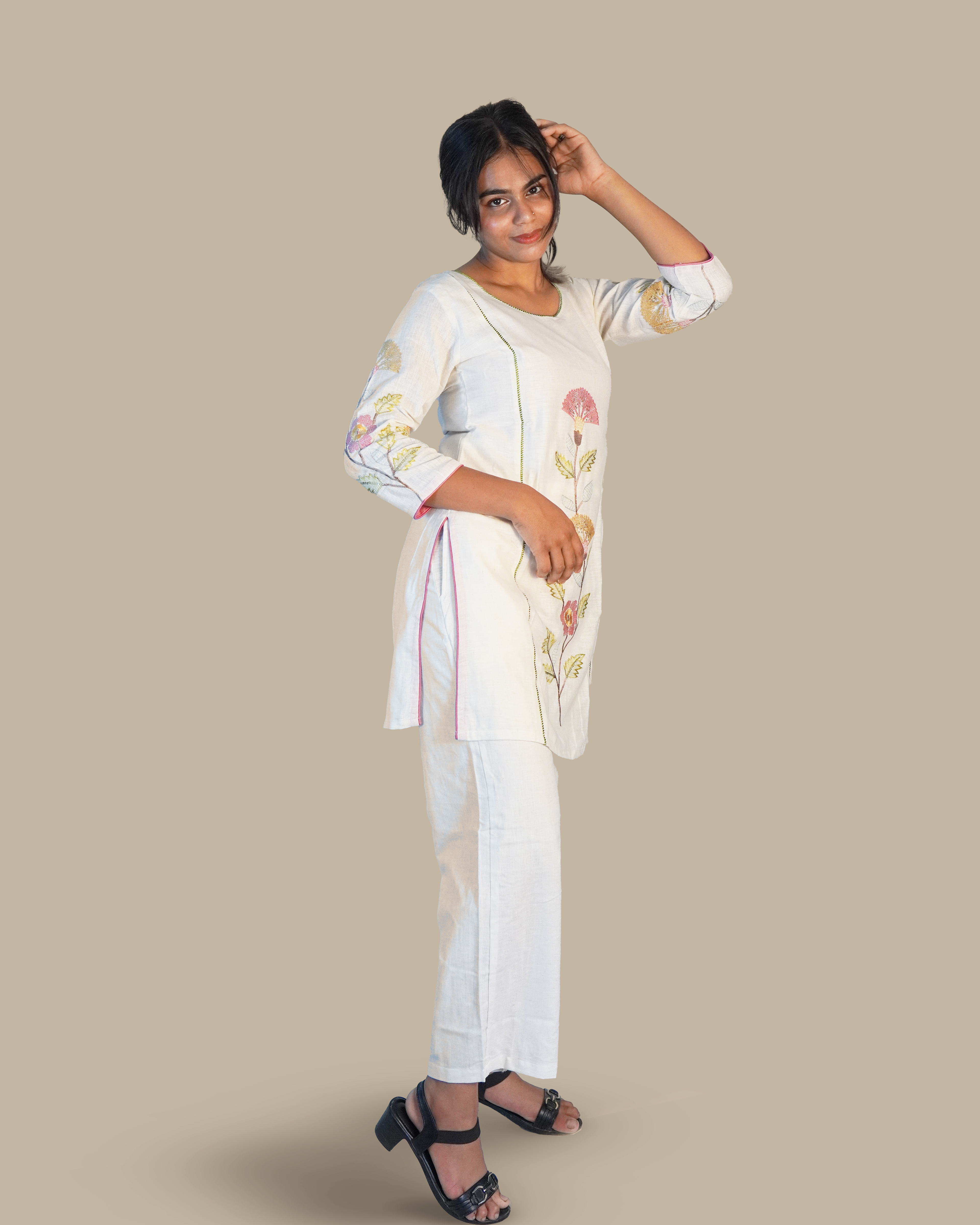 Embroidered Cotton Co-Ord set [White]