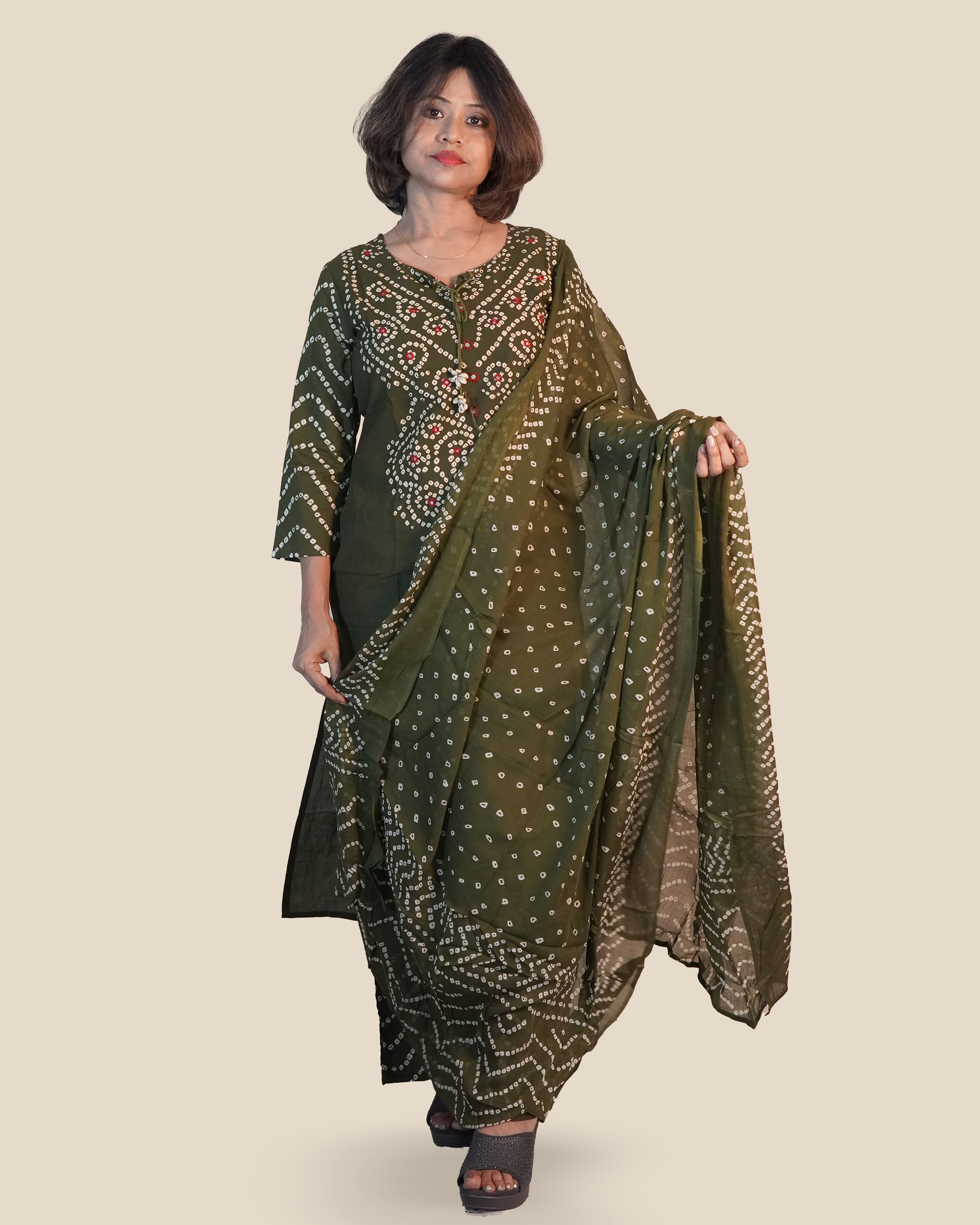 Pure cotton Bandhni 3 Piece Set [Olive]