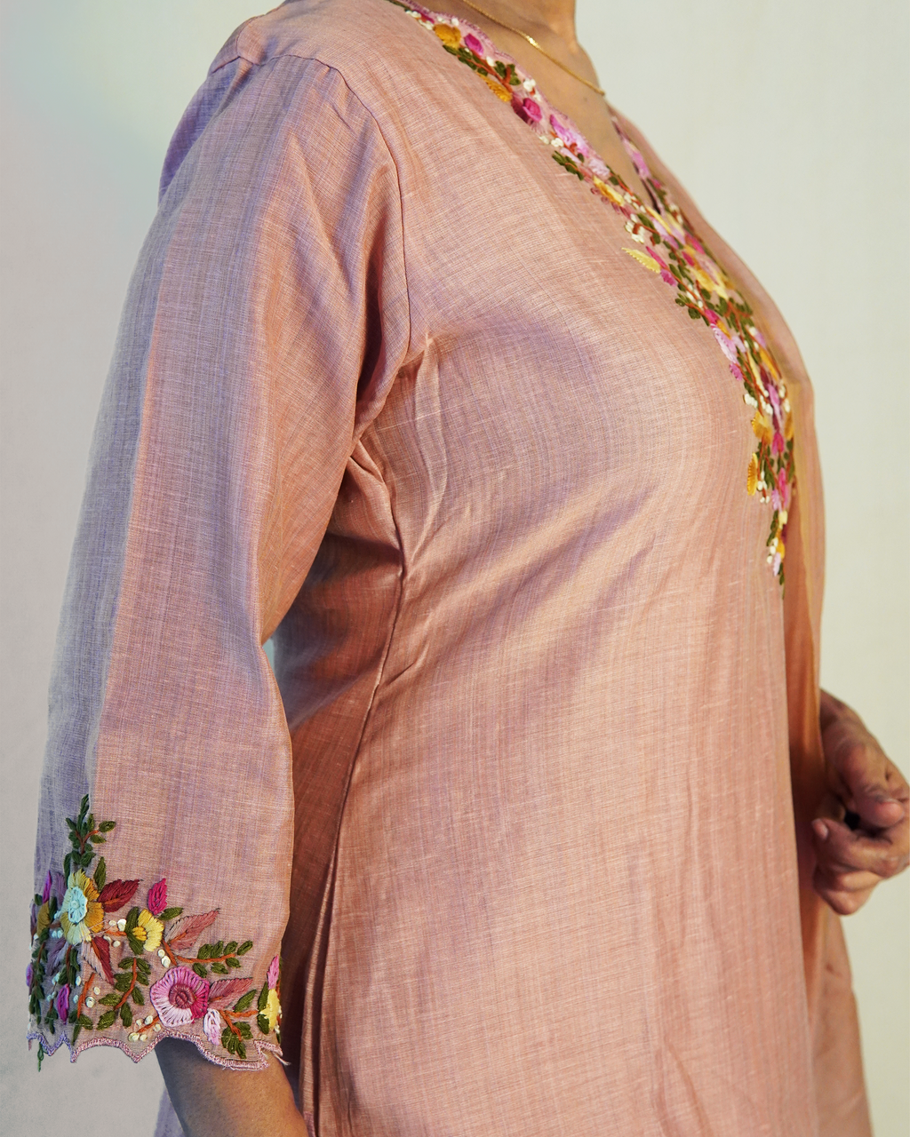 Raw Silk Hand Embroidered Kurti Set [Peach Blush]