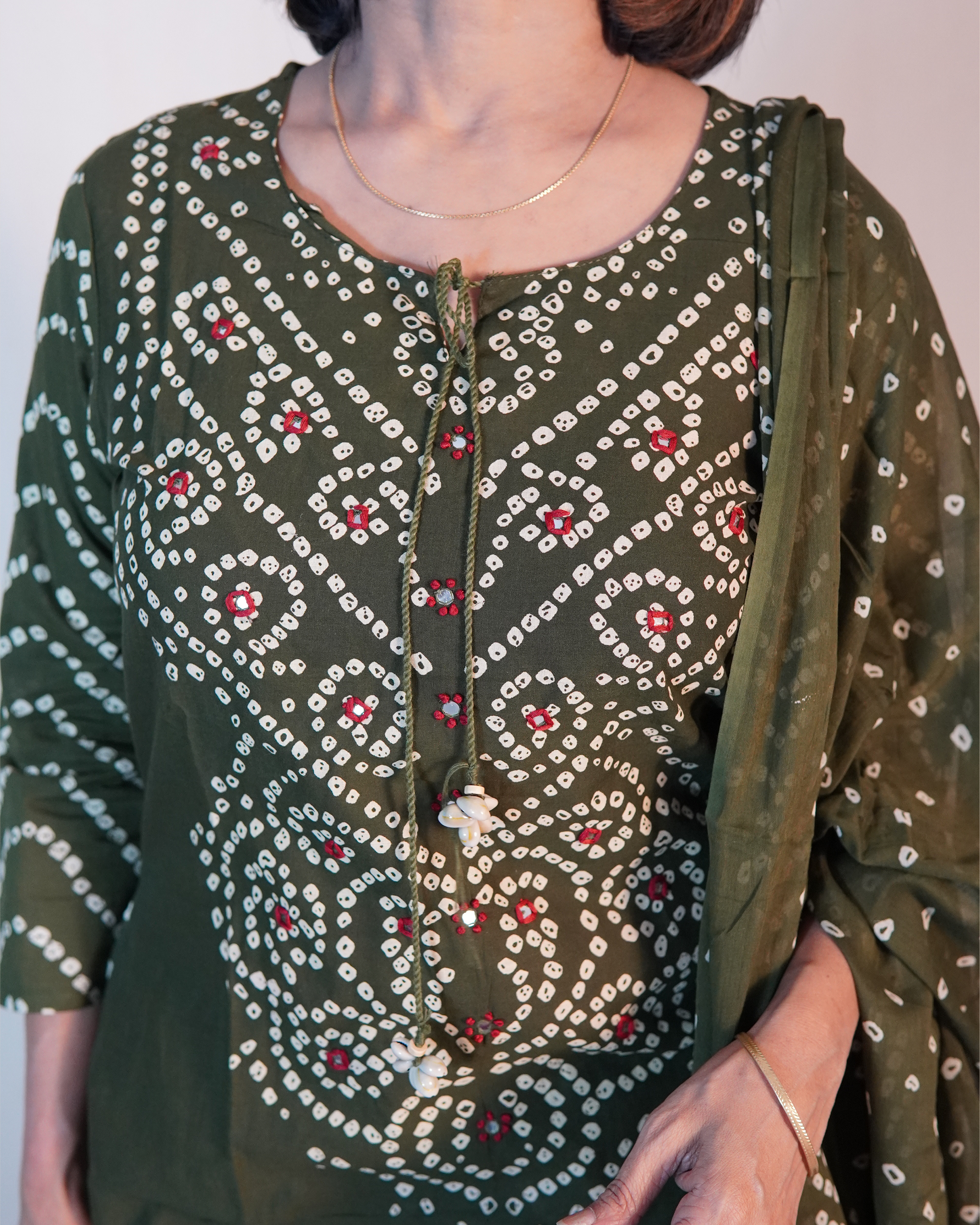 Pure cotton Bandhni 3 Piece Set [Olive]