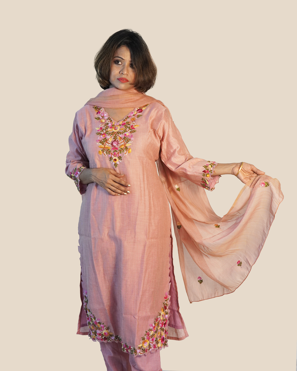 Raw Silk Hand Embroidered Kurti Set [Peach Blush]