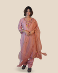Raw Silk Hand Embroidered Kurti Set [Peach Blush]