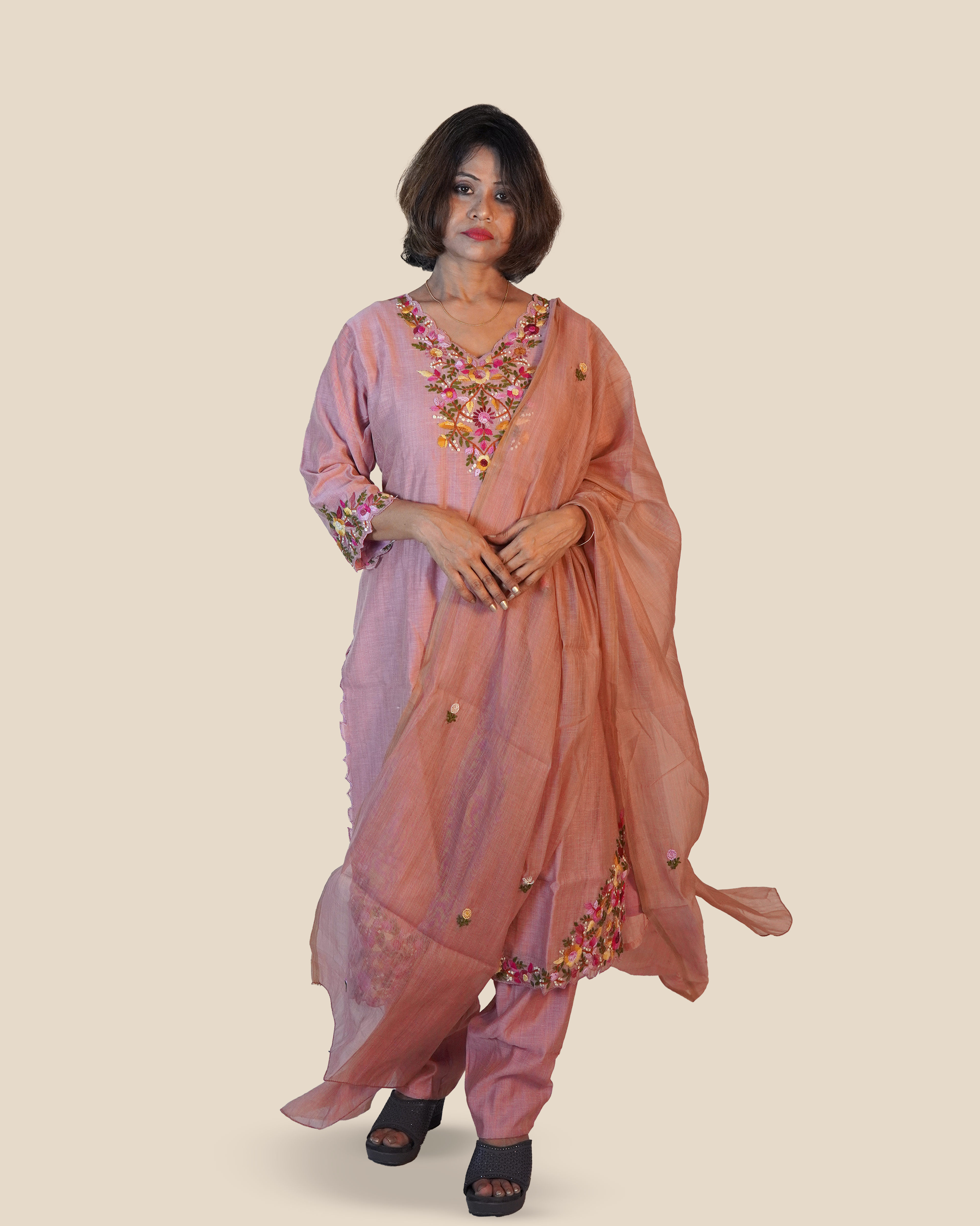 Raw Silk Hand Embroidered Kurti Set [Peach Blush]