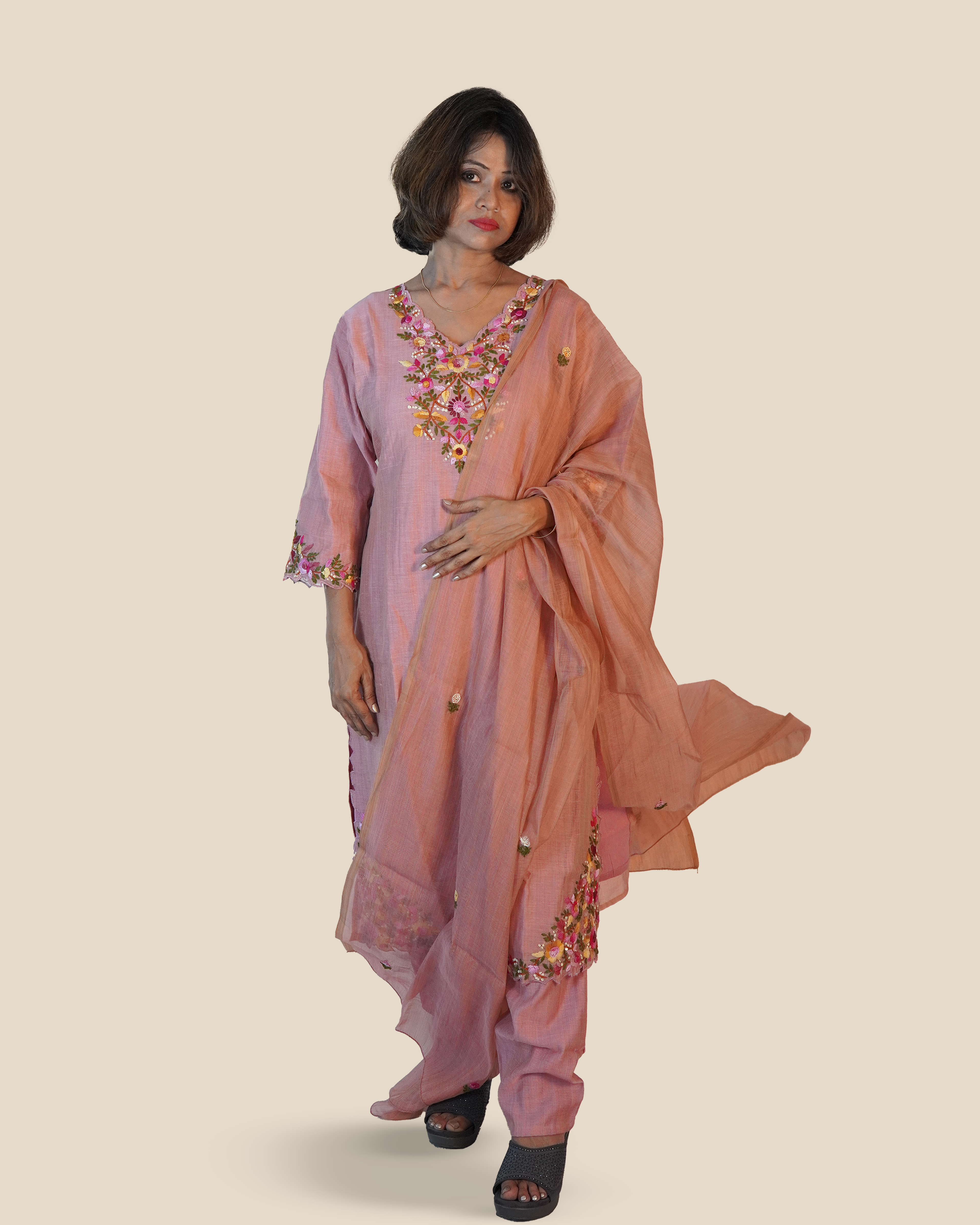 Raw Silk Hand Embroidered Kurti Set [Peach Blush]