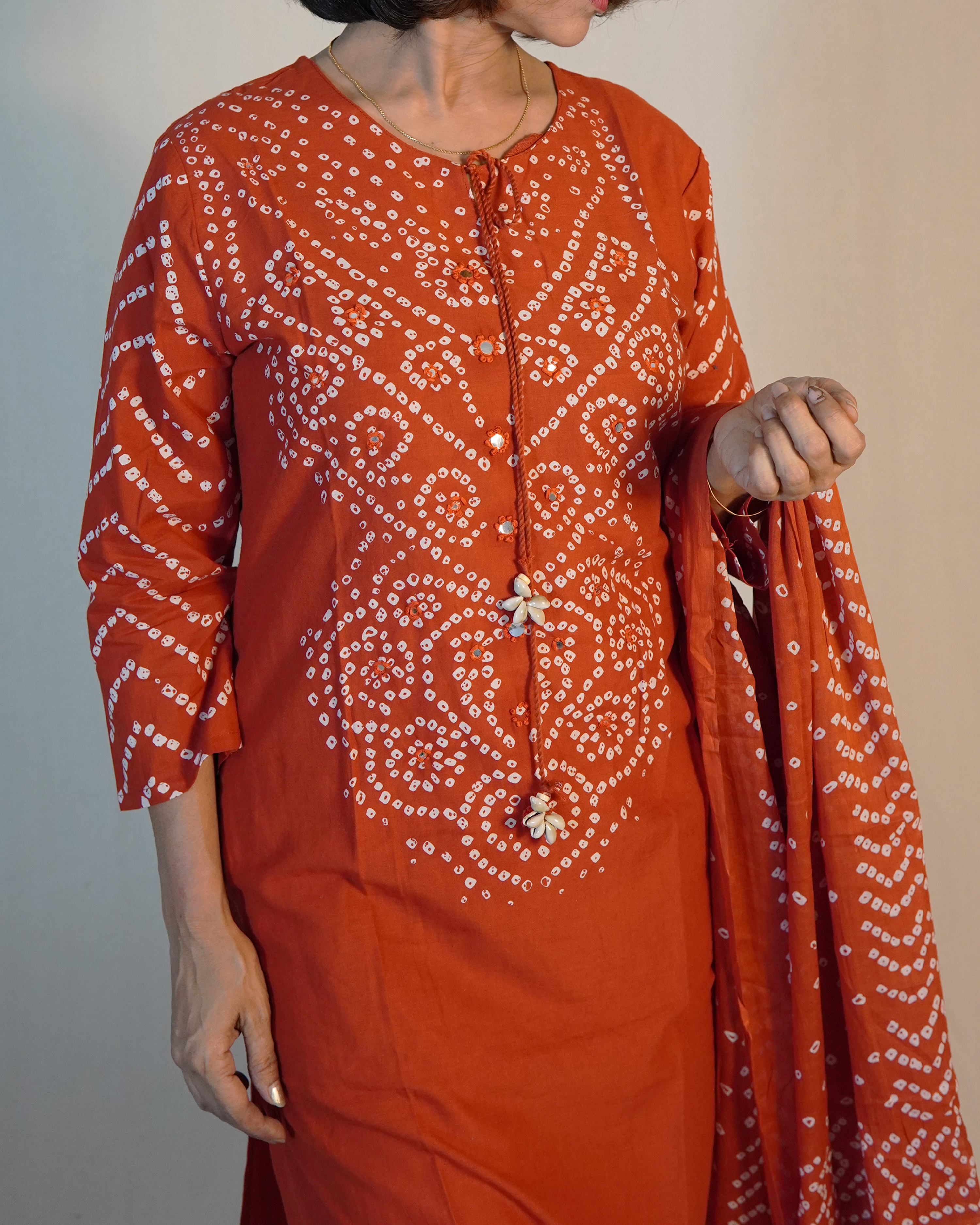Pure cotton Bandhni Kurti Set [Rusty Orange]