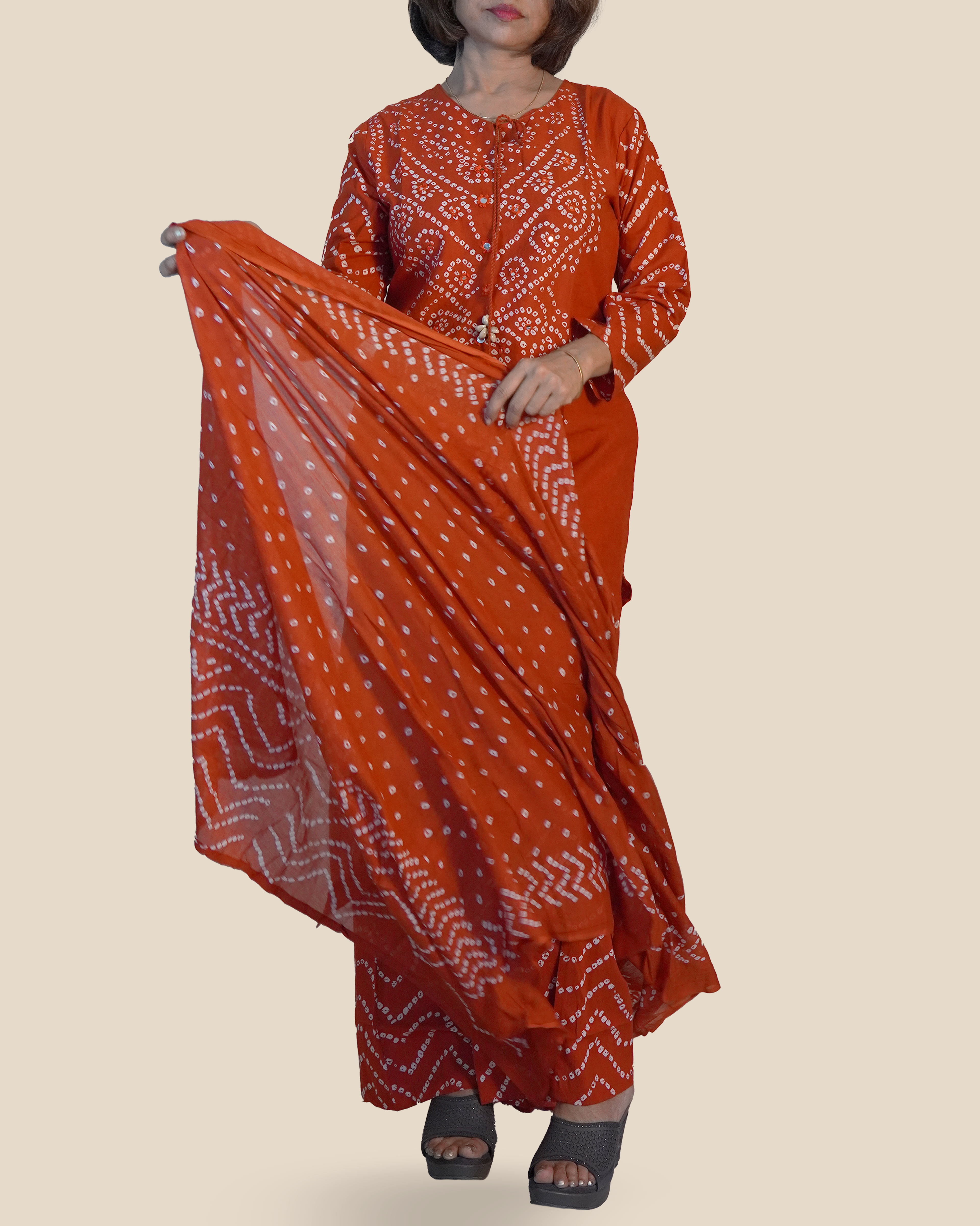 Pure cotton Bandhni Kurti Set [Rusty Orange]