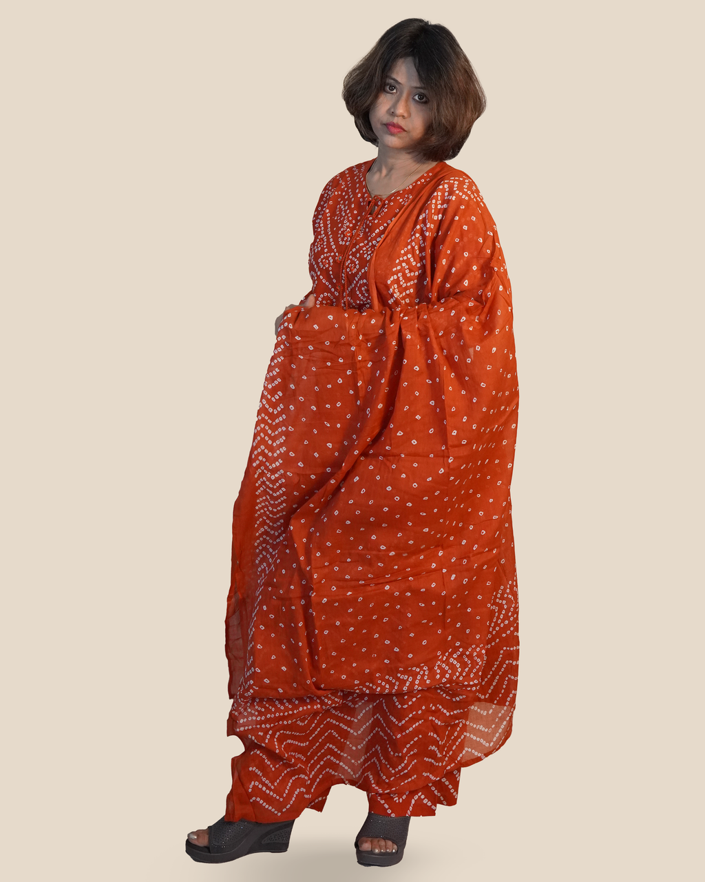Pure cotton Bandhni Kurti Set [Rusty Orange]