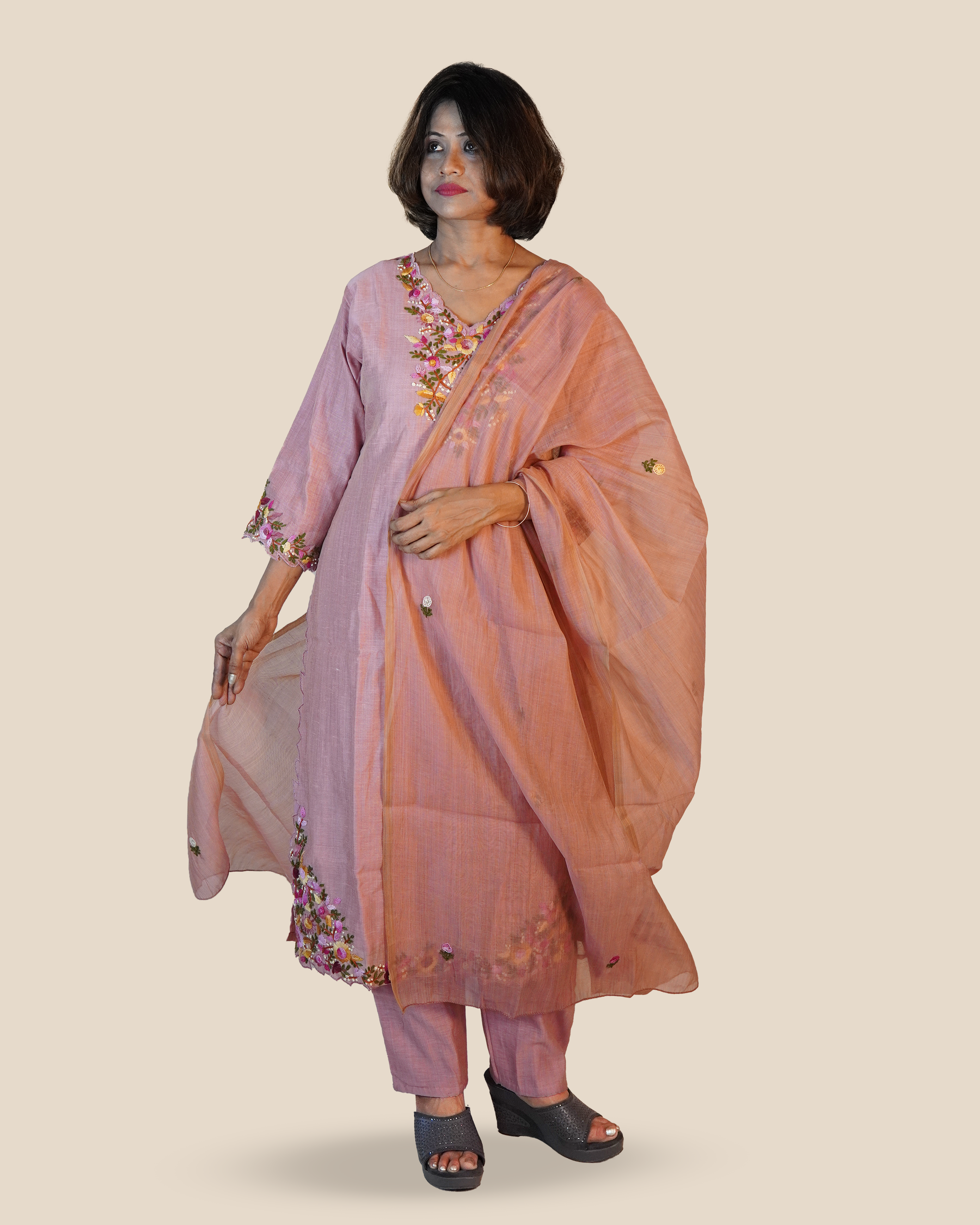 Raw Silk Hand Embroidered Kurti Set [Peach Blush]