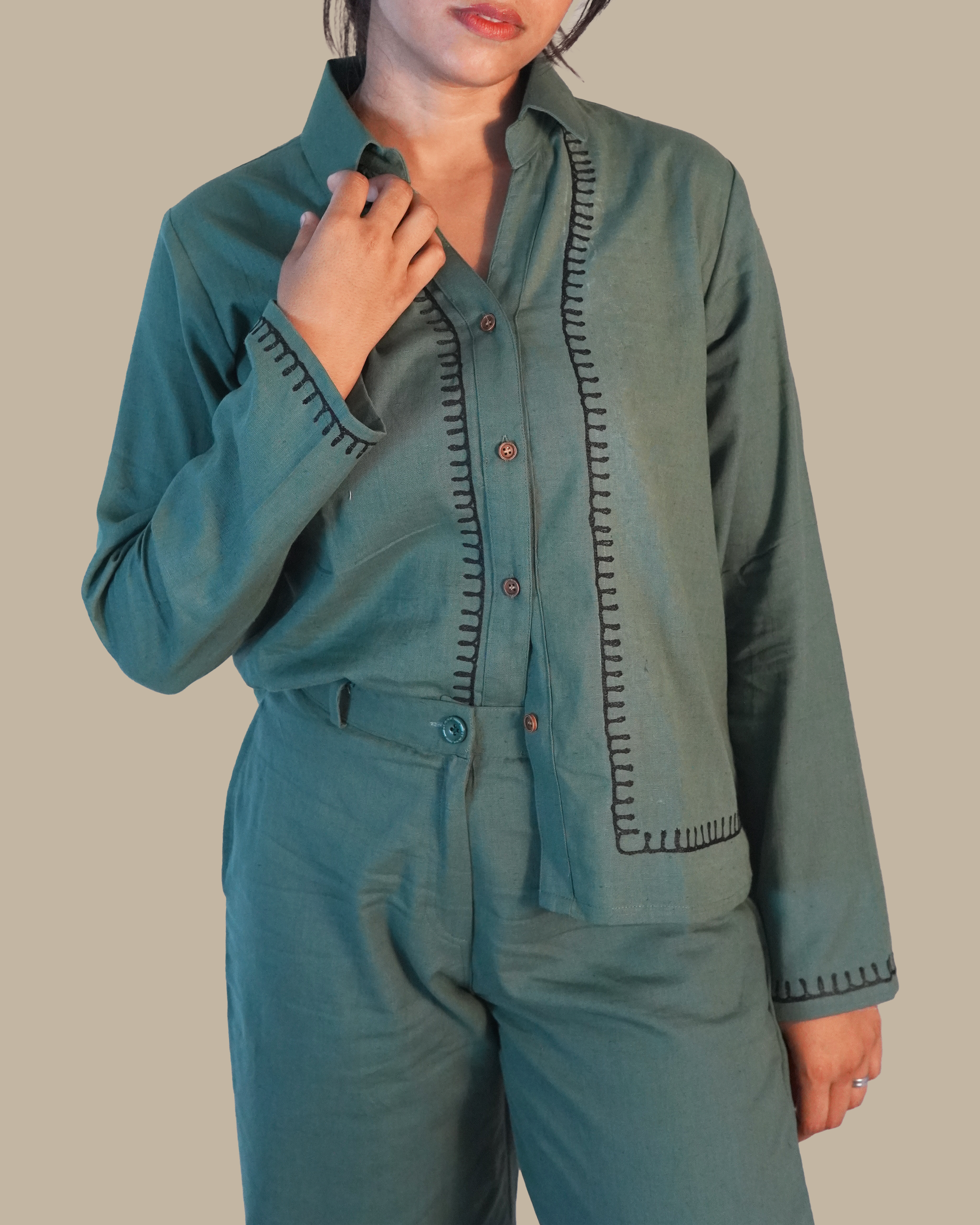 Blanket-stitched Cotton Co-Ord Set [Teal]