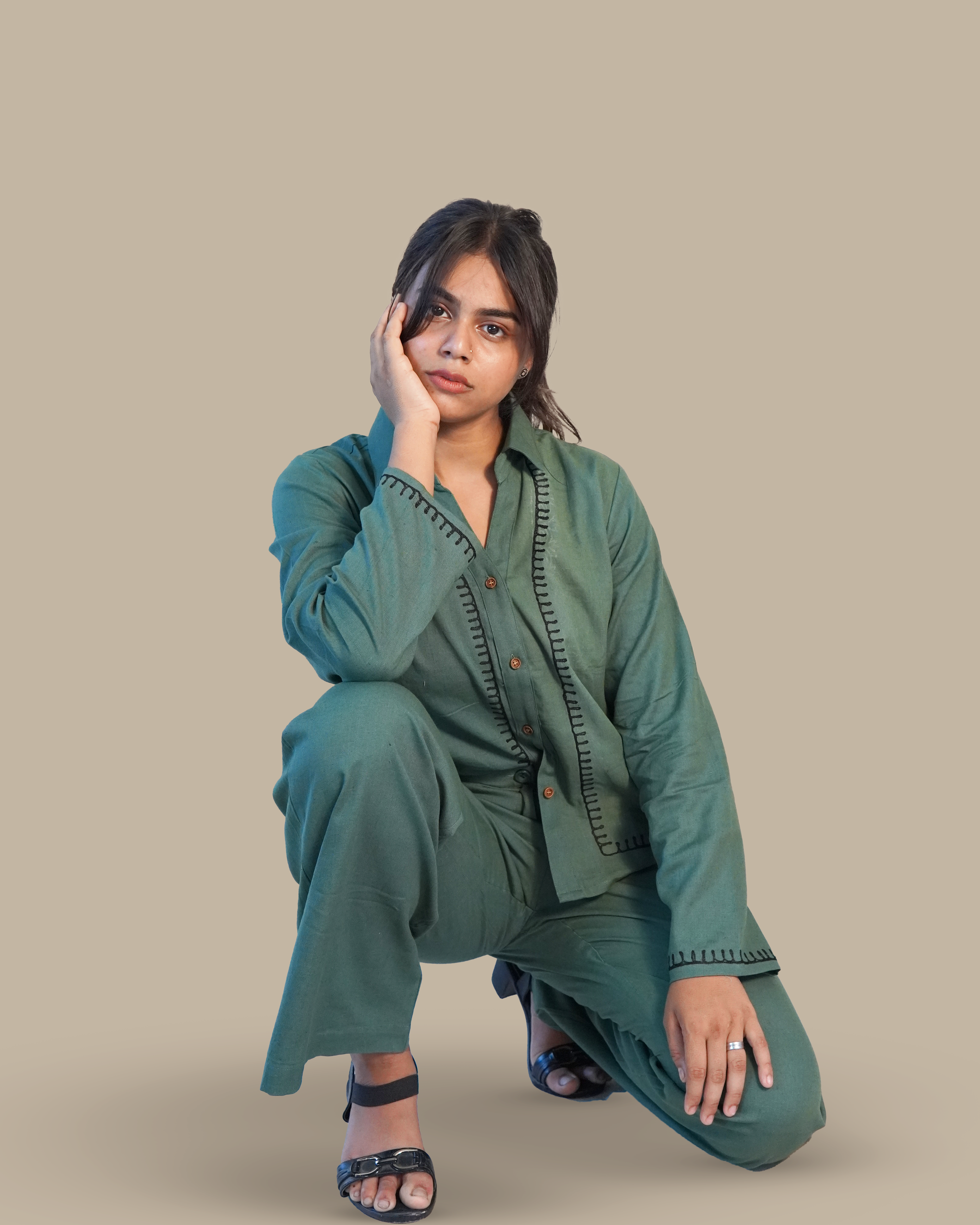 Blanket-stitched Cotton Co-Ord Set [Teal]