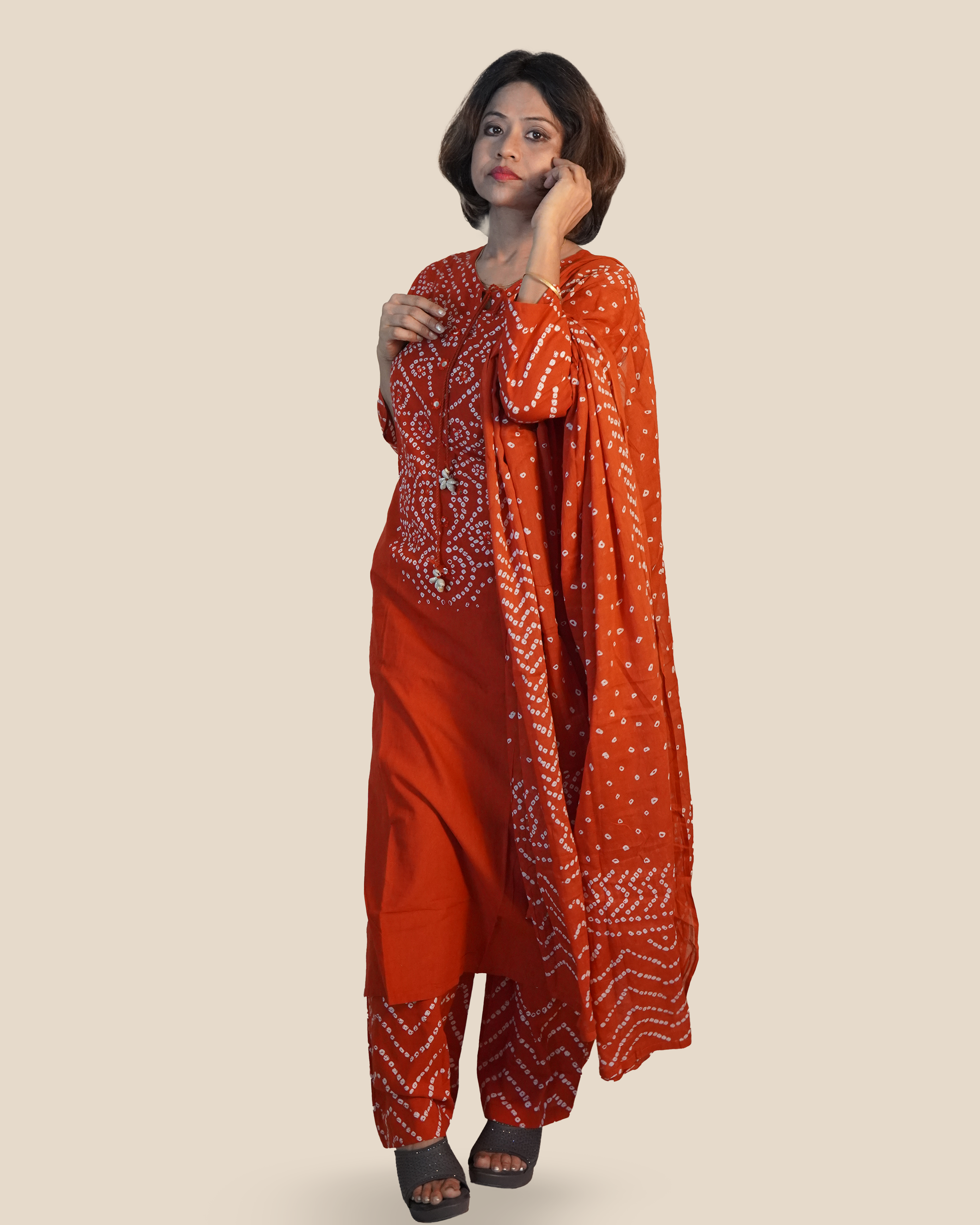 Pure cotton Bandhni Kurti Set [Rusty Orange]