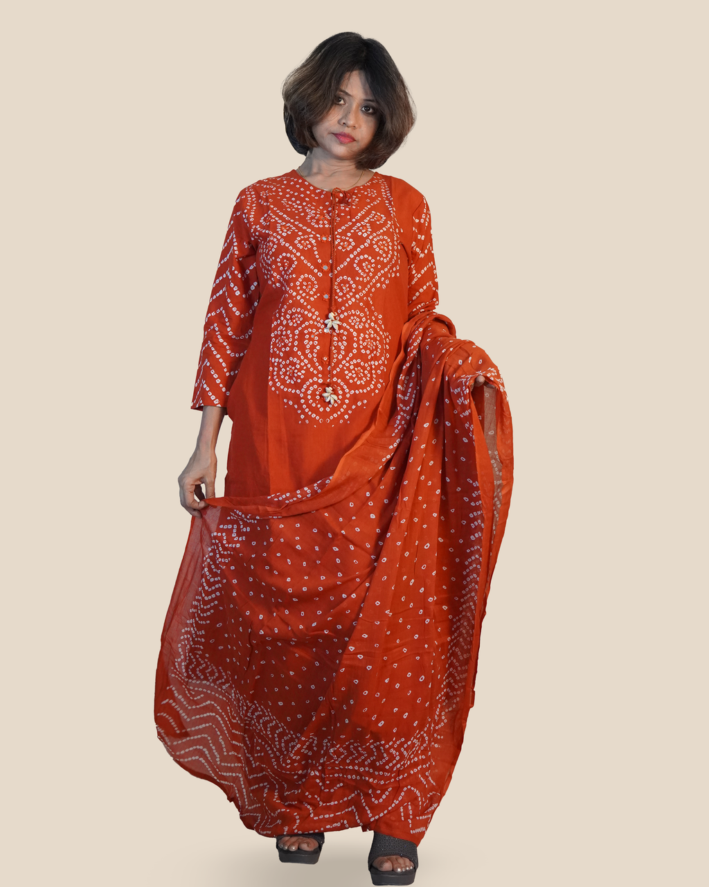 Pure cotton Bandhni Kurti Set [Rusty Orange]