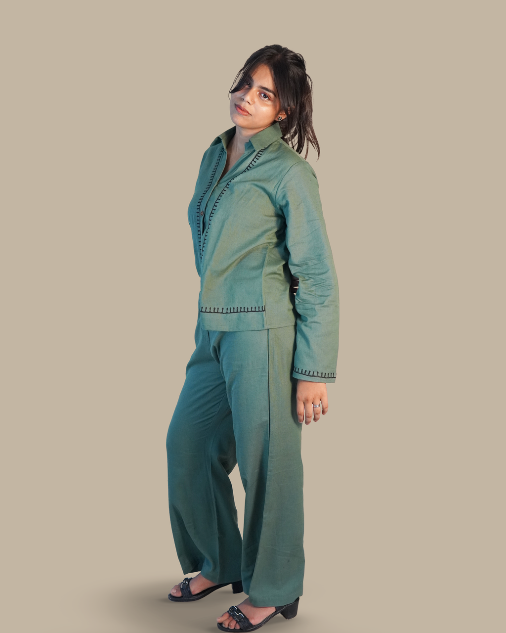 Blanket-stitched Cotton Co-Ord Set [Teal]