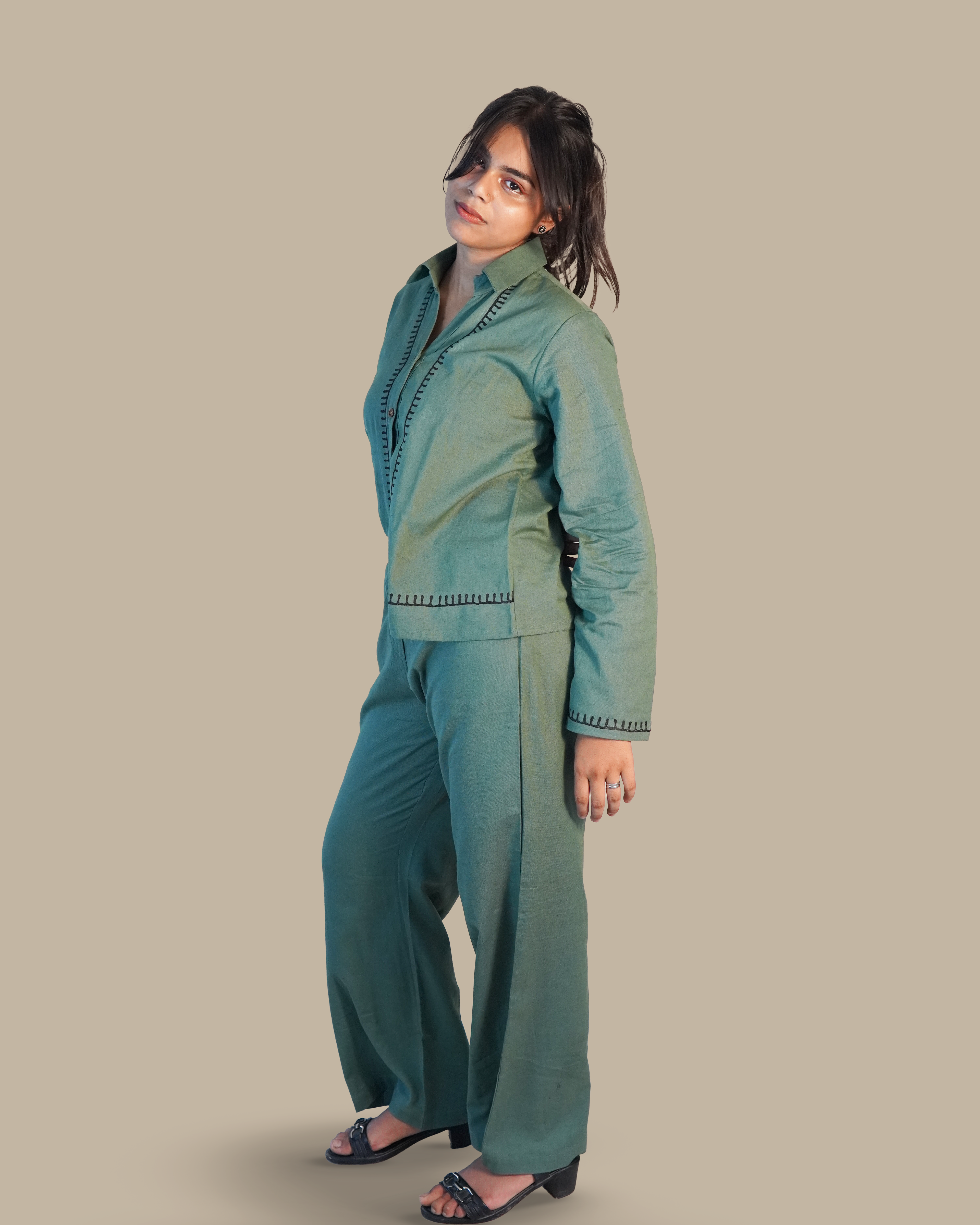 Blanket-stitched Cotton Co-Ord Set [Teal]