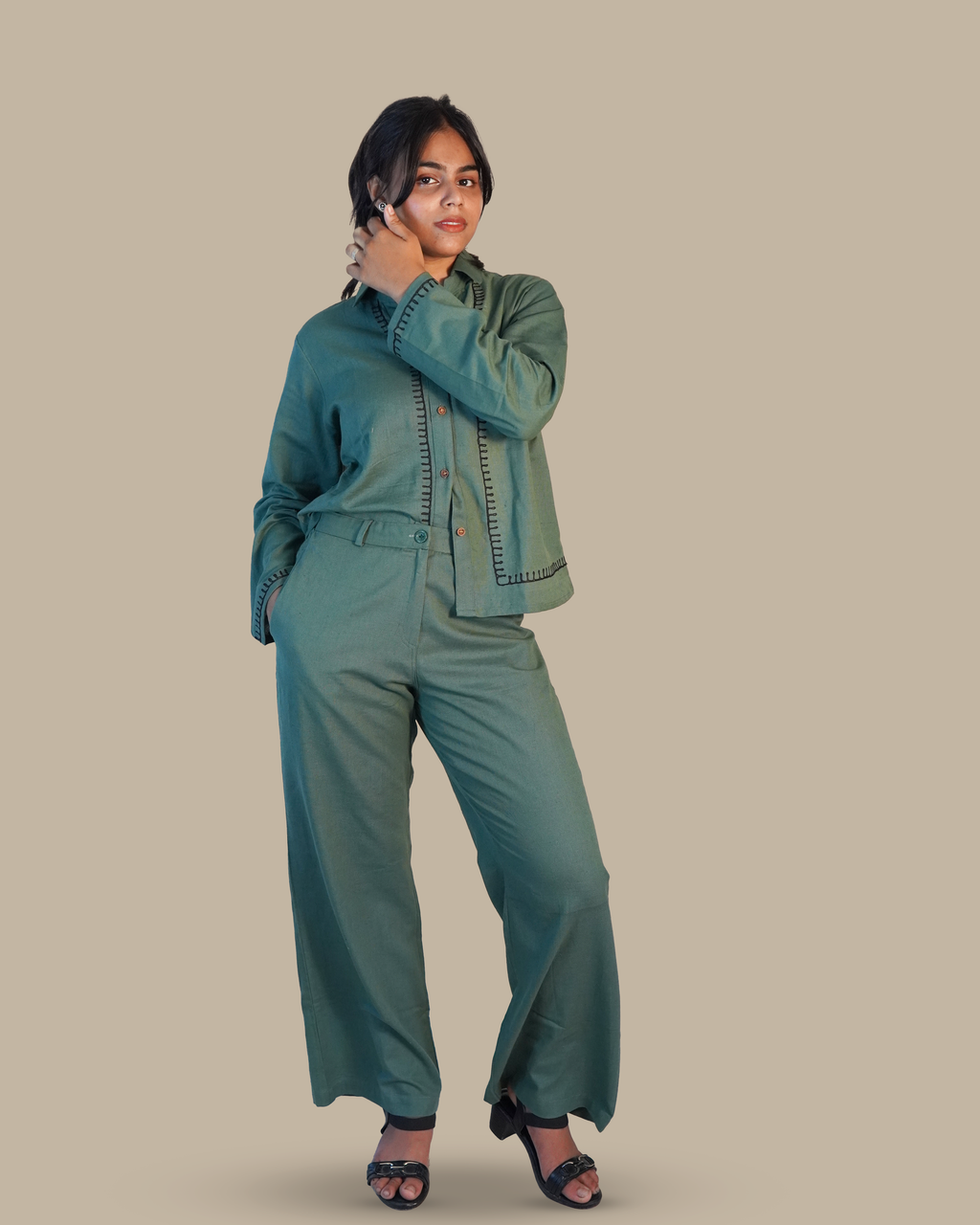 Blanket-stitched Cotton Co-Ord Set [Teal]