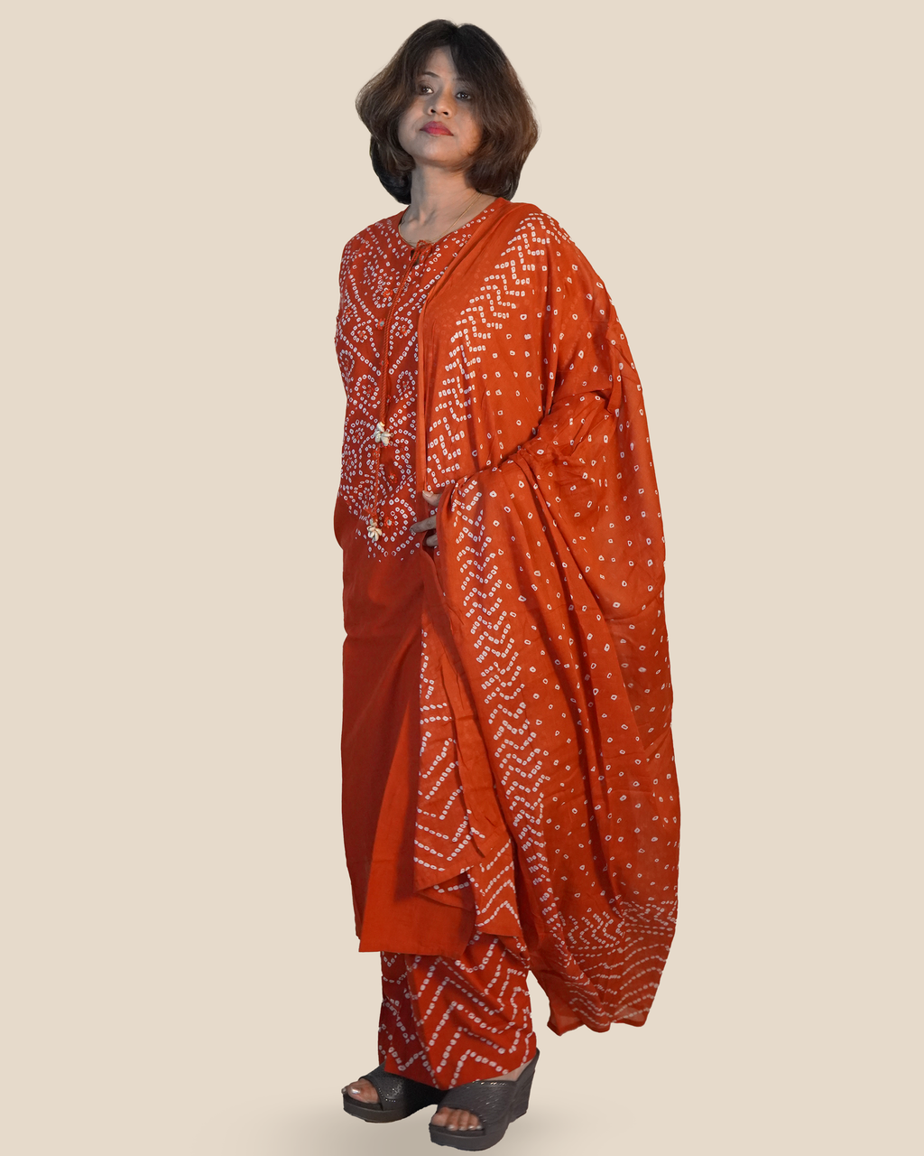 Pure cotton Bandhni Kurti Set [Rusty Orange]