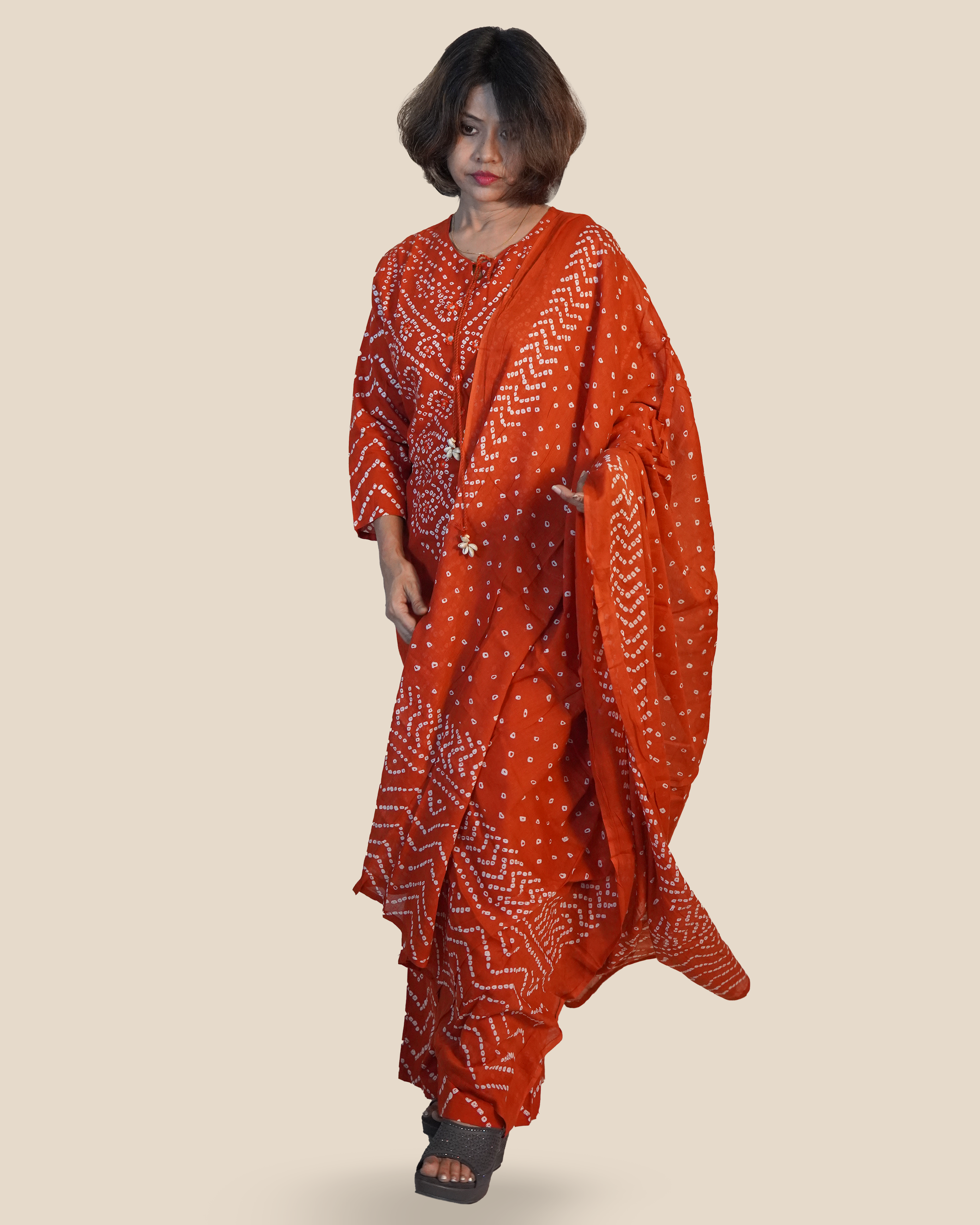 Pure cotton Bandhni Kurti Set [Rusty Orange]