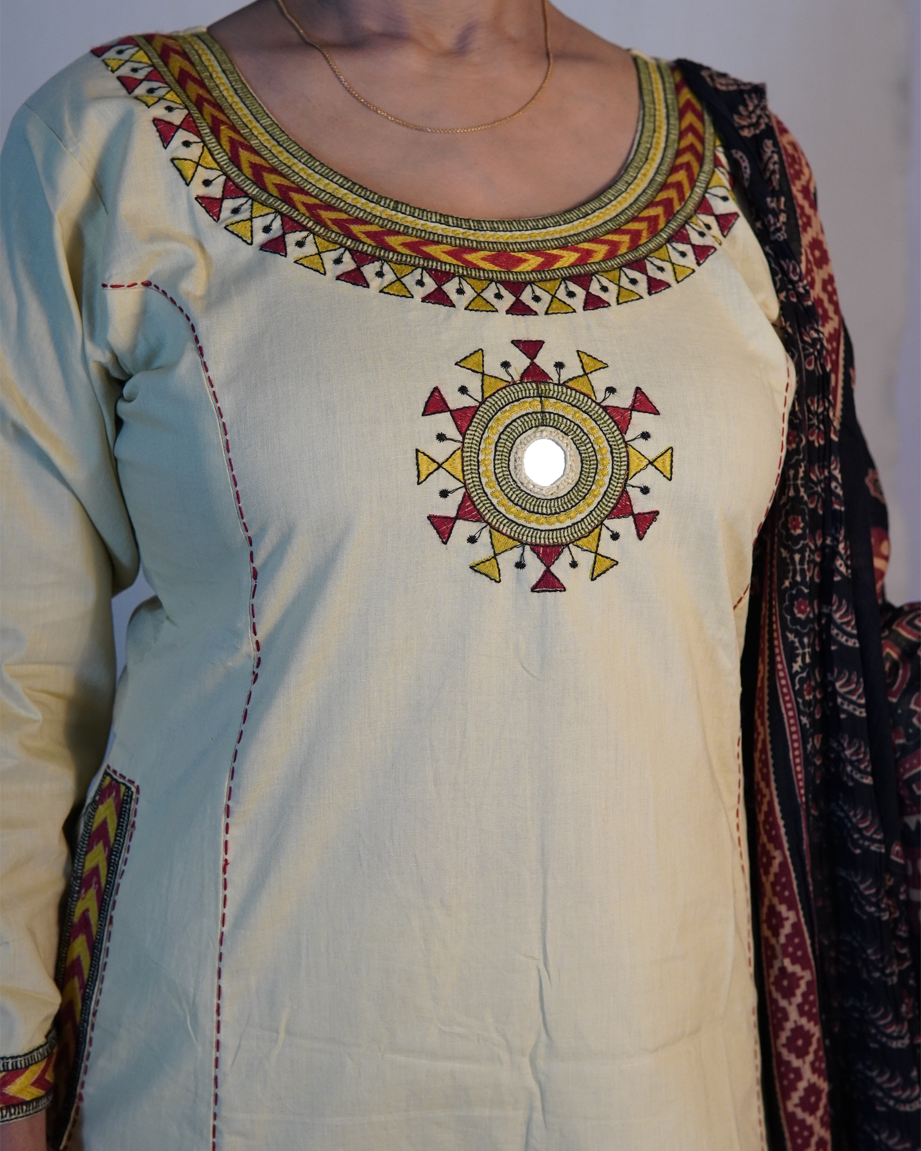 Pure cotton Embroidered Kurti Set [Stone Beige]