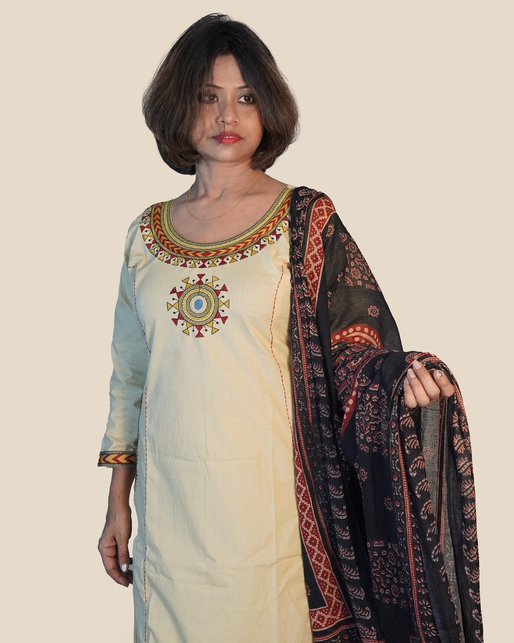 Pure cotton Embroidered Kurti Set [Stone Beige]
