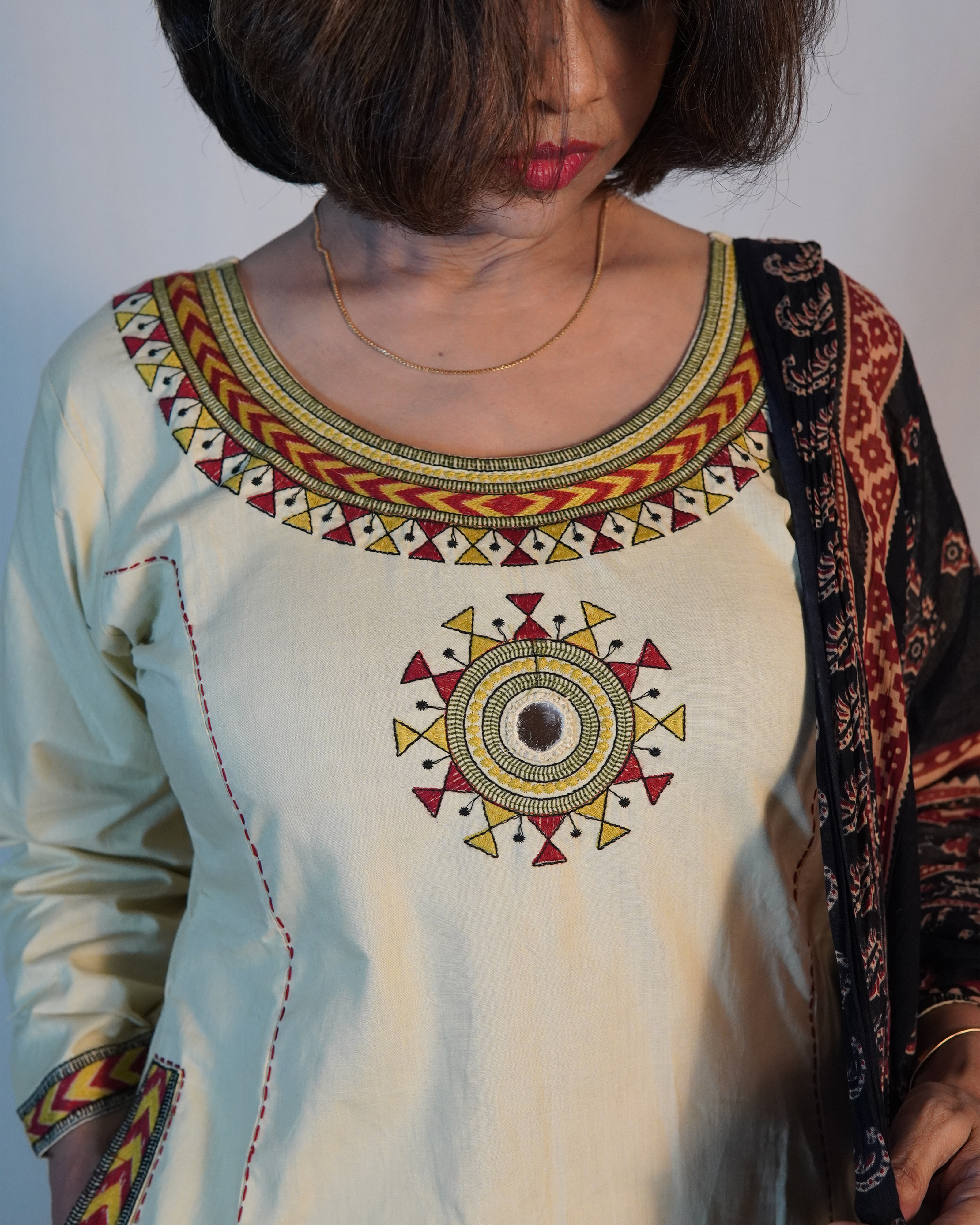 Pure cotton Embroidered Kurti Set [Stone Beige]