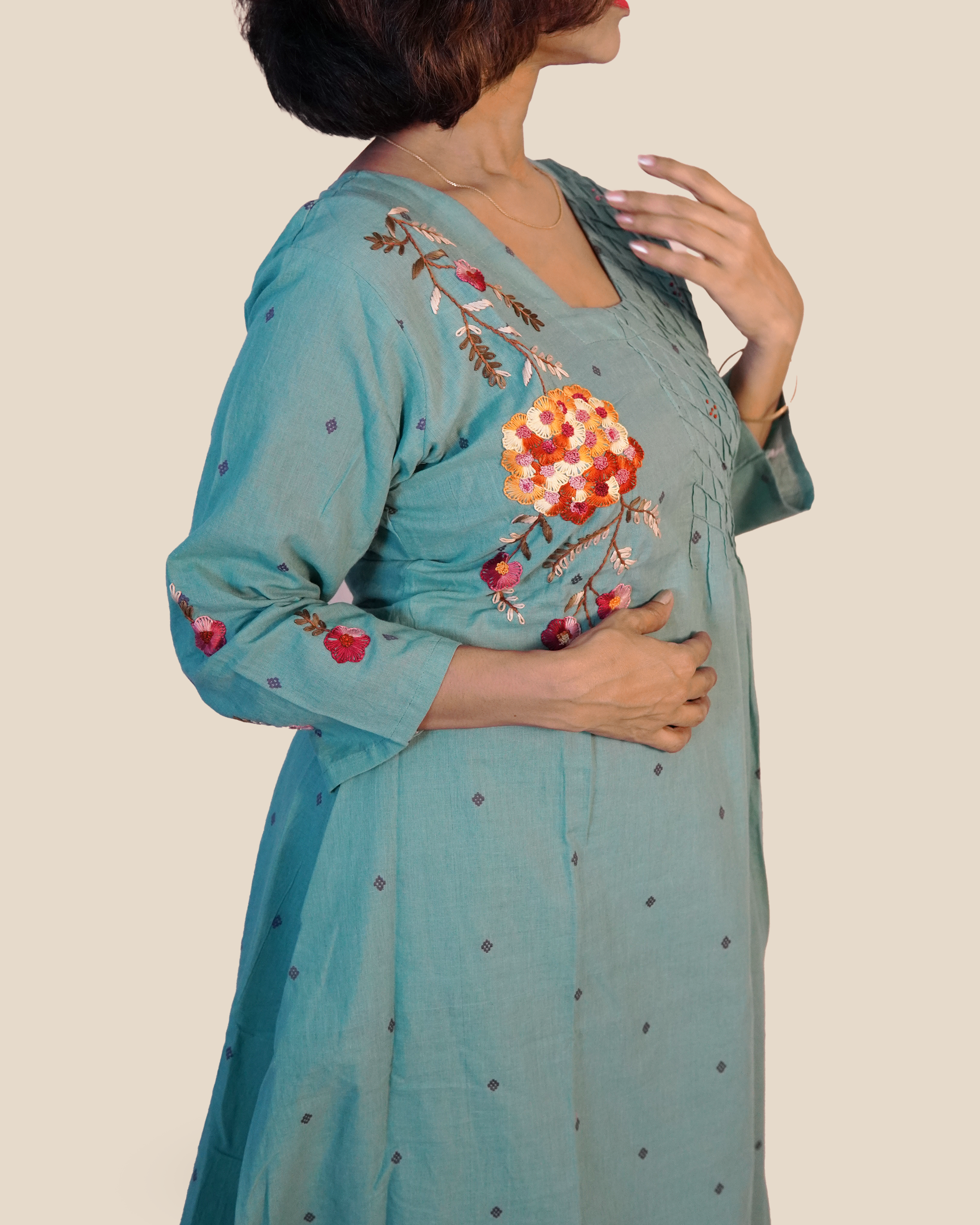 Hand Embroidered Pure cotton Kurti Set [Teal]