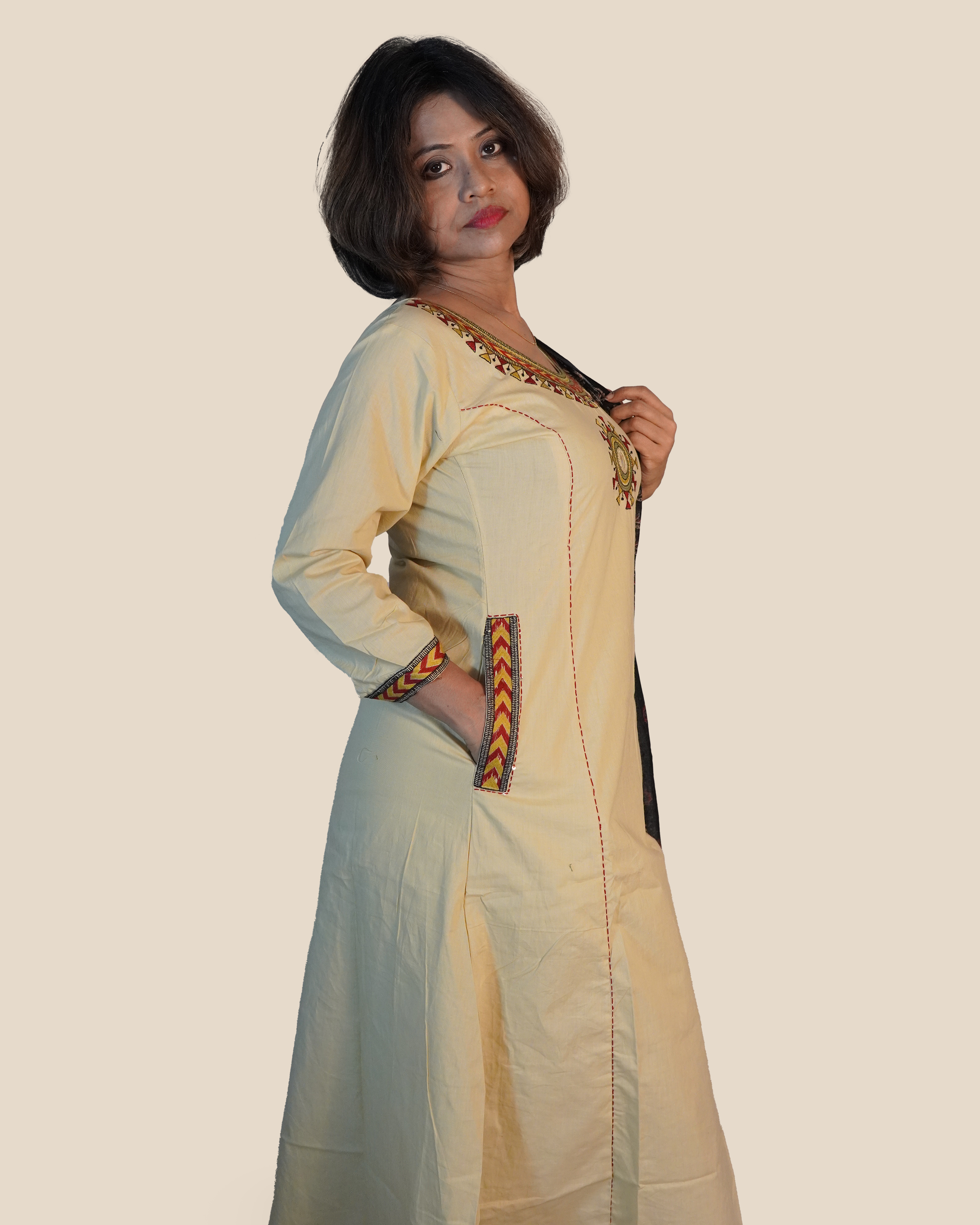 Pure cotton Embroidered Kurti Set [Stone Beige]