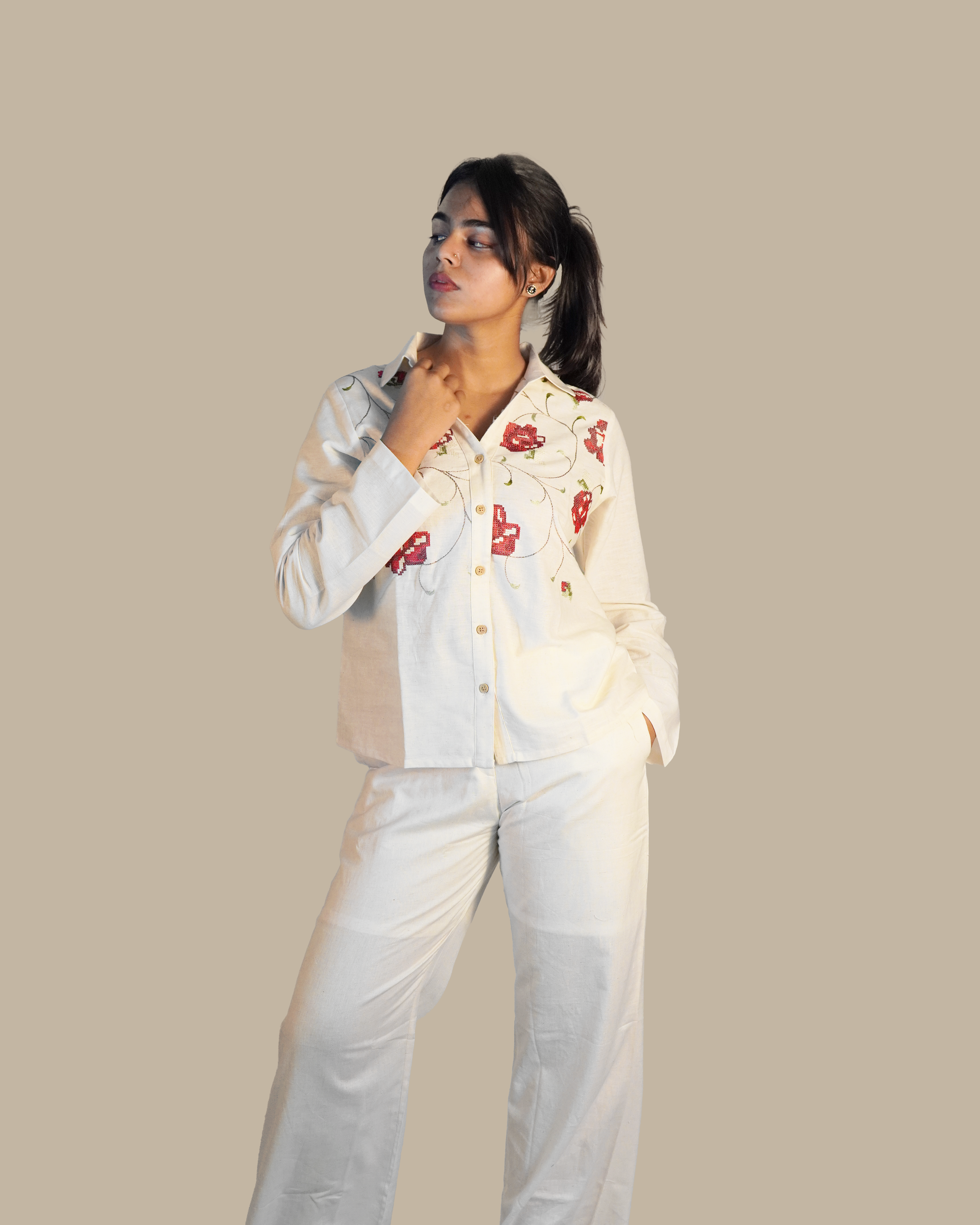 Cross-stitched Cotton Co-Ord Set [Red]