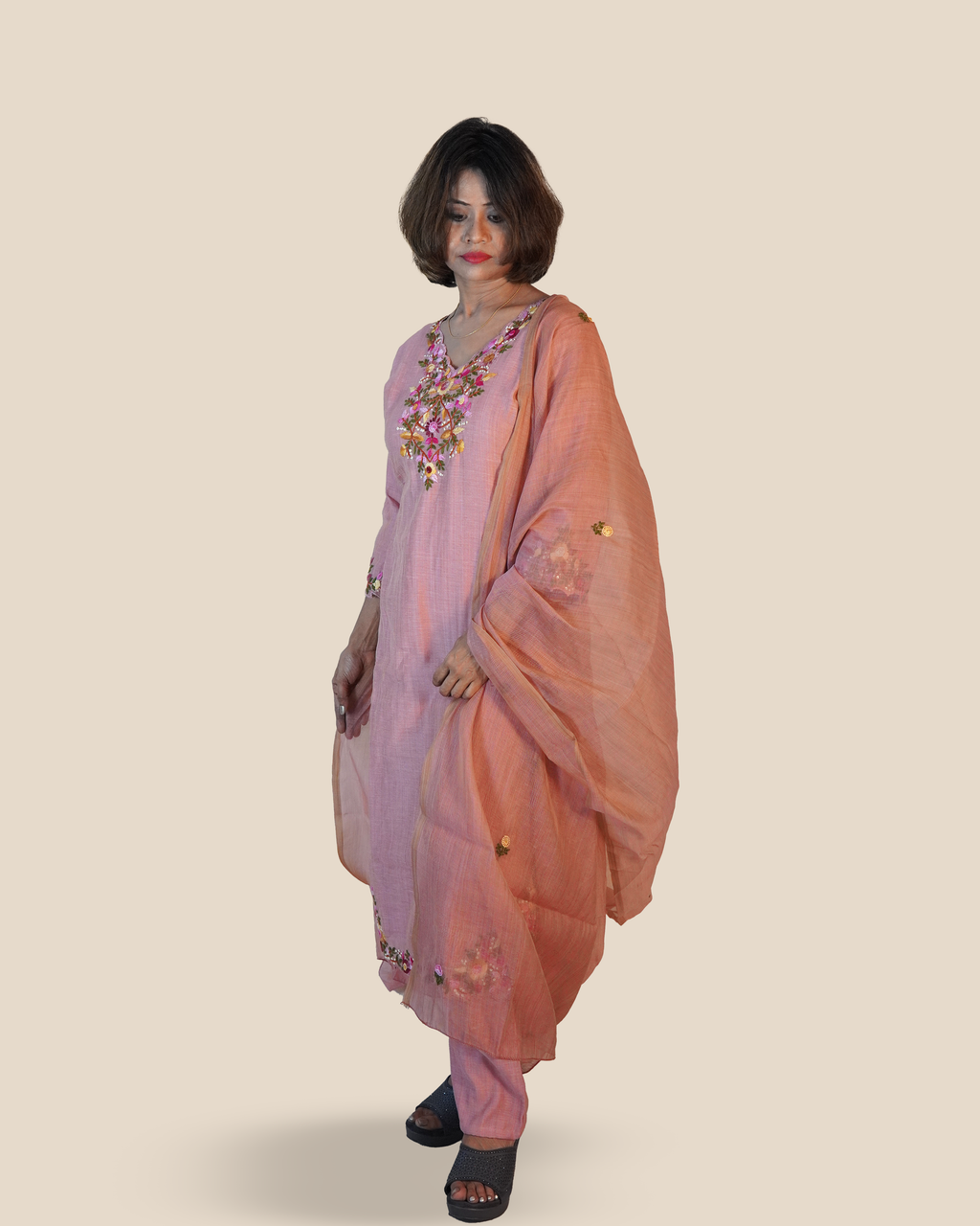 Raw Silk Hand Embroidered Kurti Set [Peach Blush]
