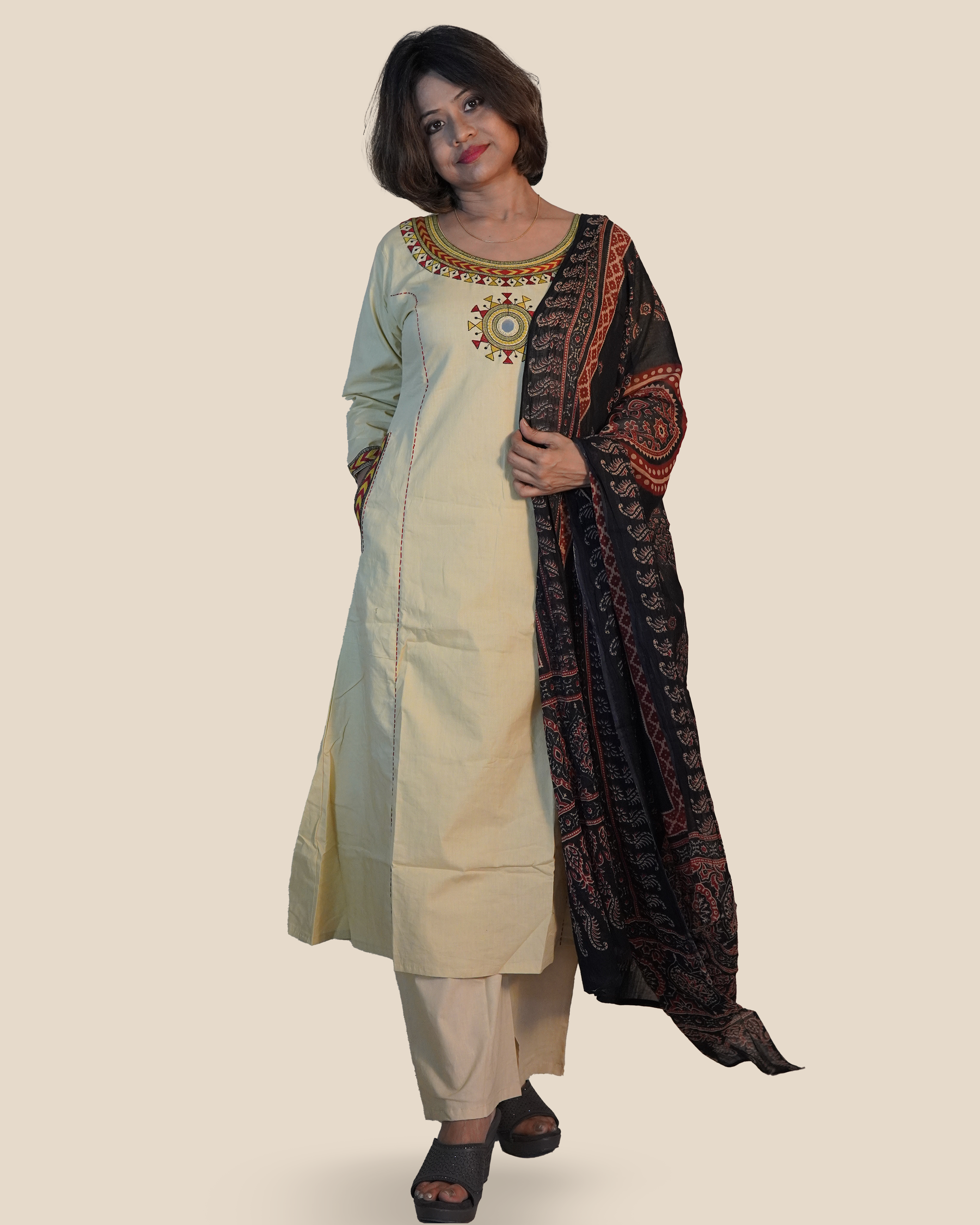 Pure cotton Embroidered Kurti Set [Stone Beige]