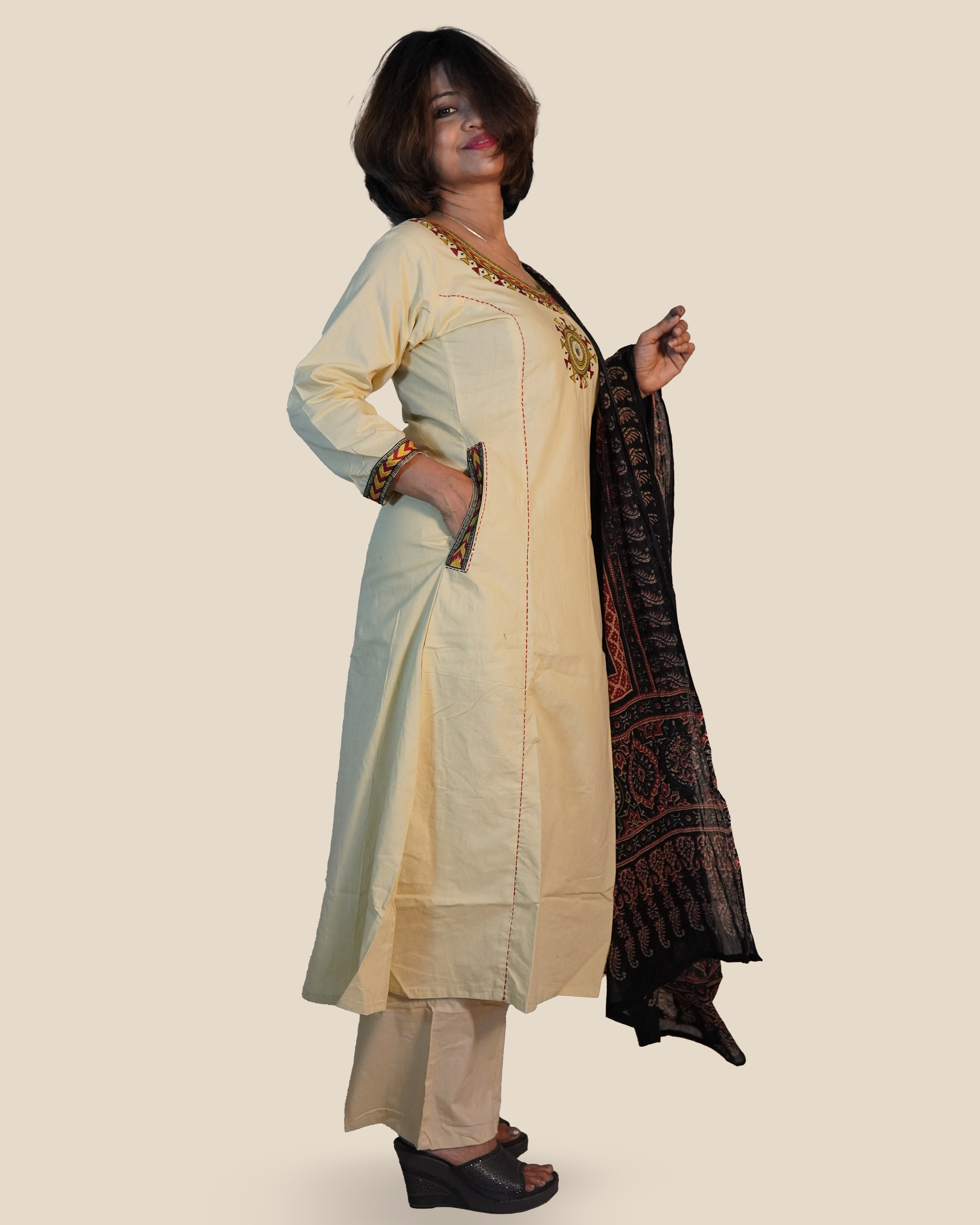 Pure cotton Embroidered Kurti Set [Stone Beige]