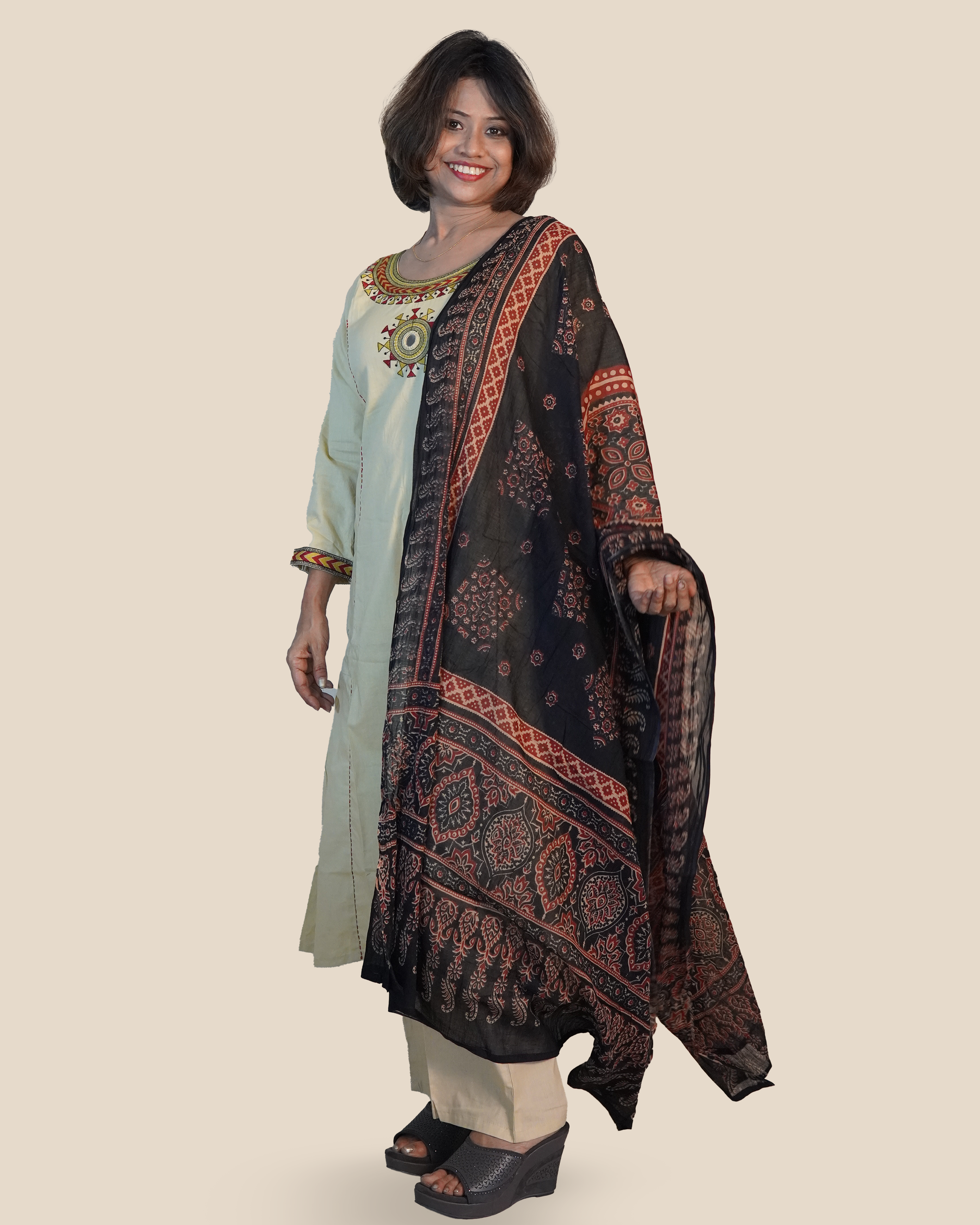 Pure cotton Embroidered Kurti Set [Stone Beige]