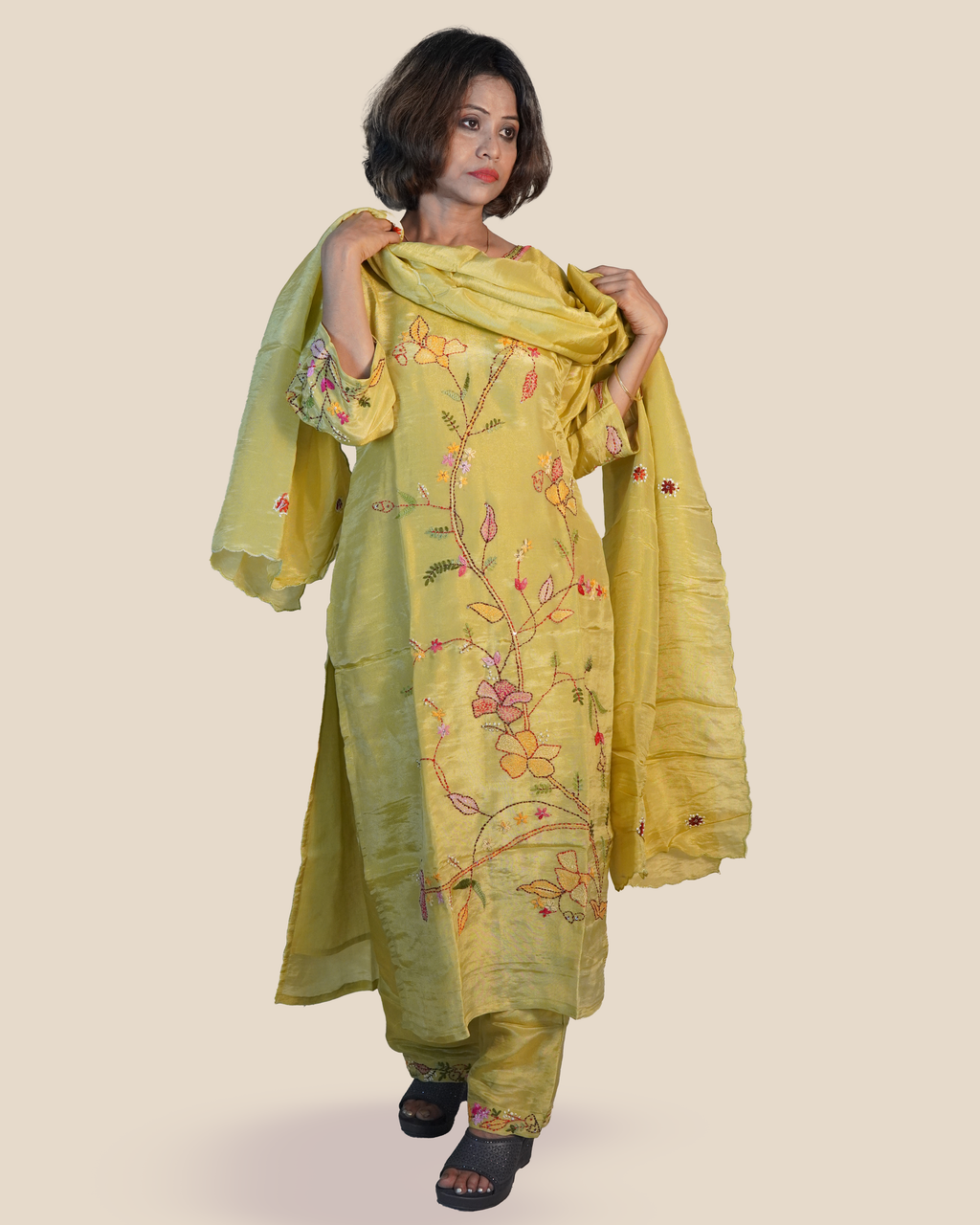 Shimmer Silk Hand Embroidered Kurti Set [Parrot]