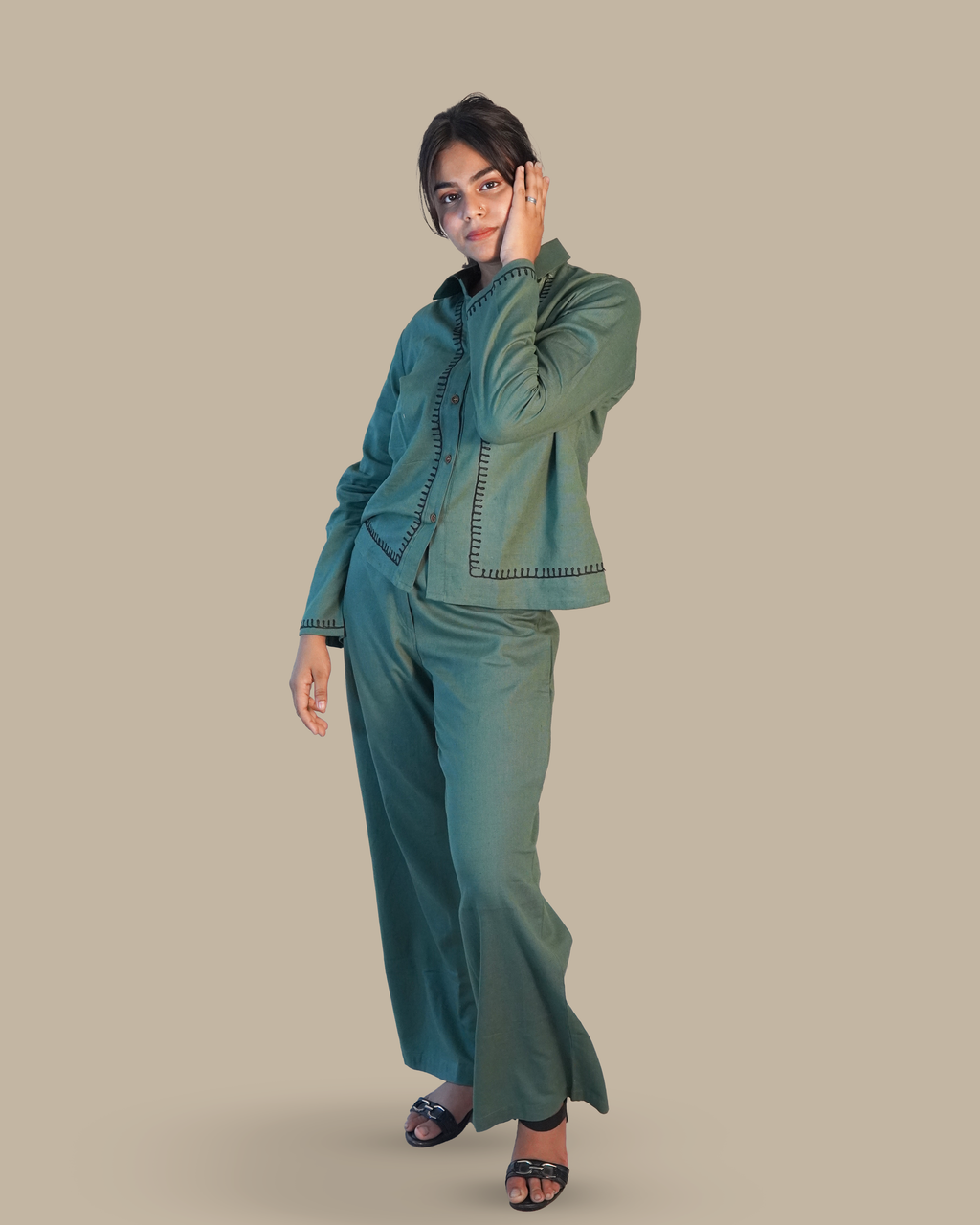 Blanket-stitched Cotton Co-Ord Set [Teal]