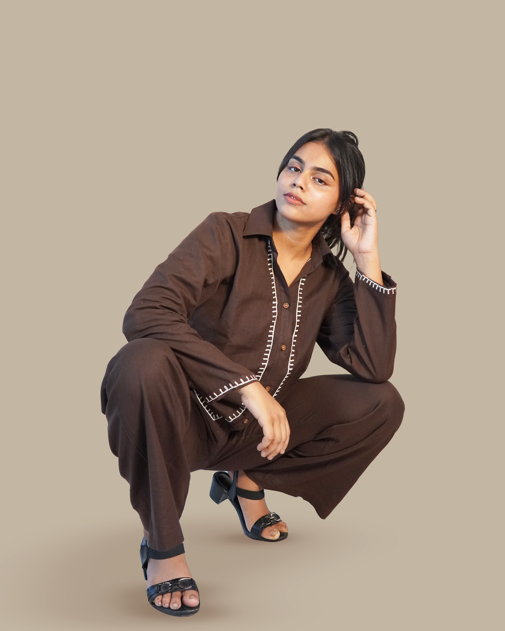 Blanket-stitched Cotton Co-Ord Set [Chocolate]