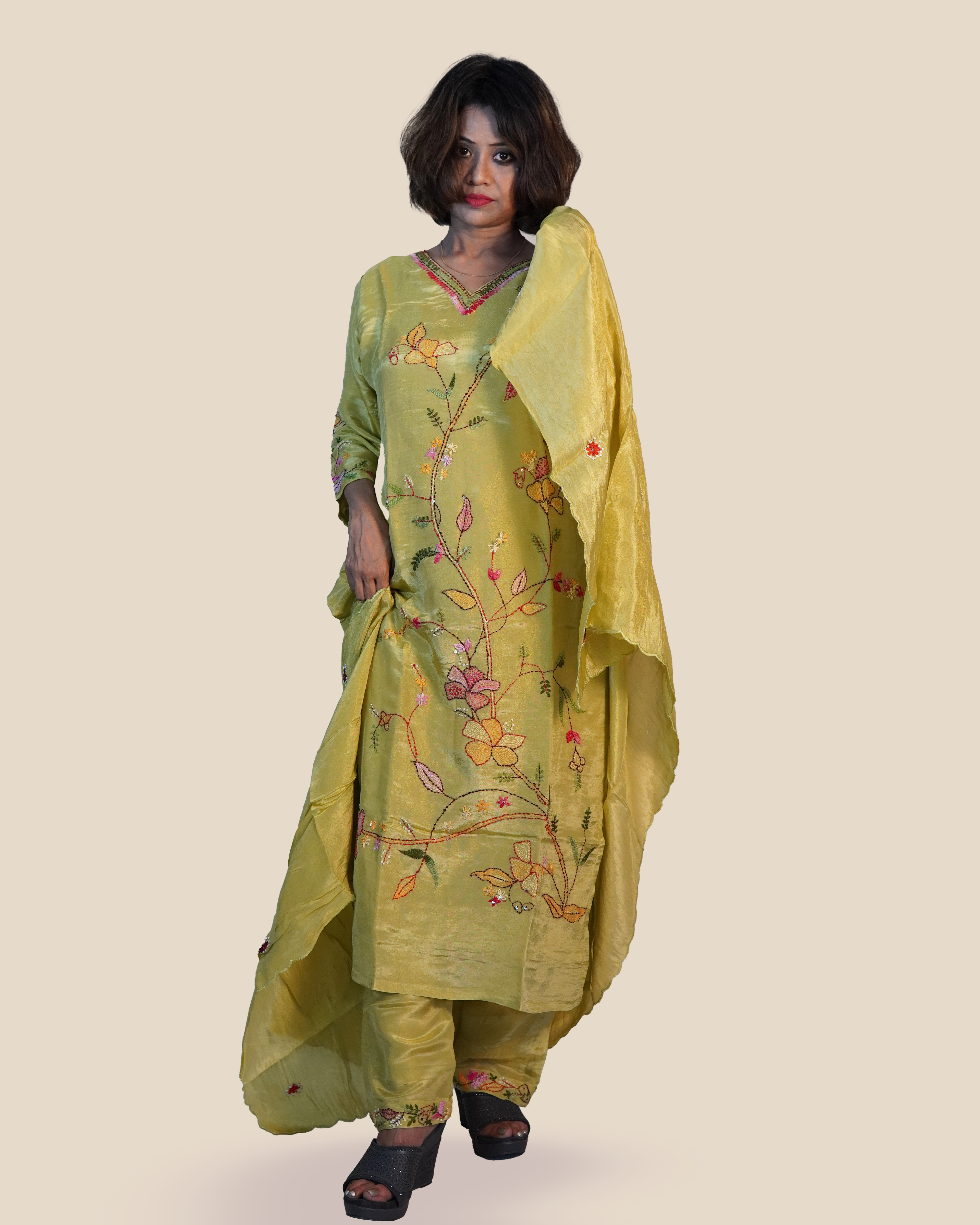 Shimmer Silk Hand Embroidered Kurti Set [Parrot]