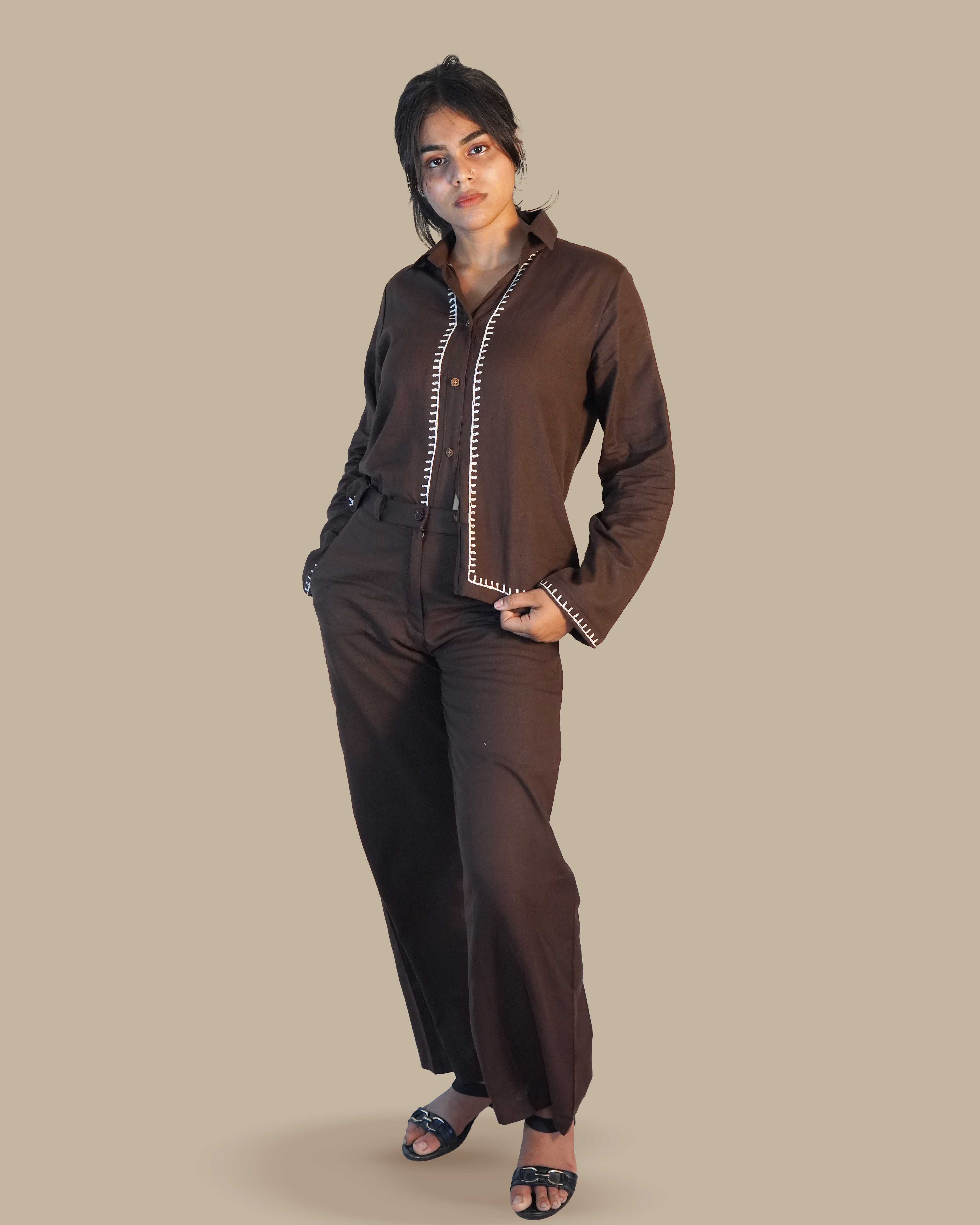 Blanket-stitched Cotton Co-Ord Set [Chocolate]