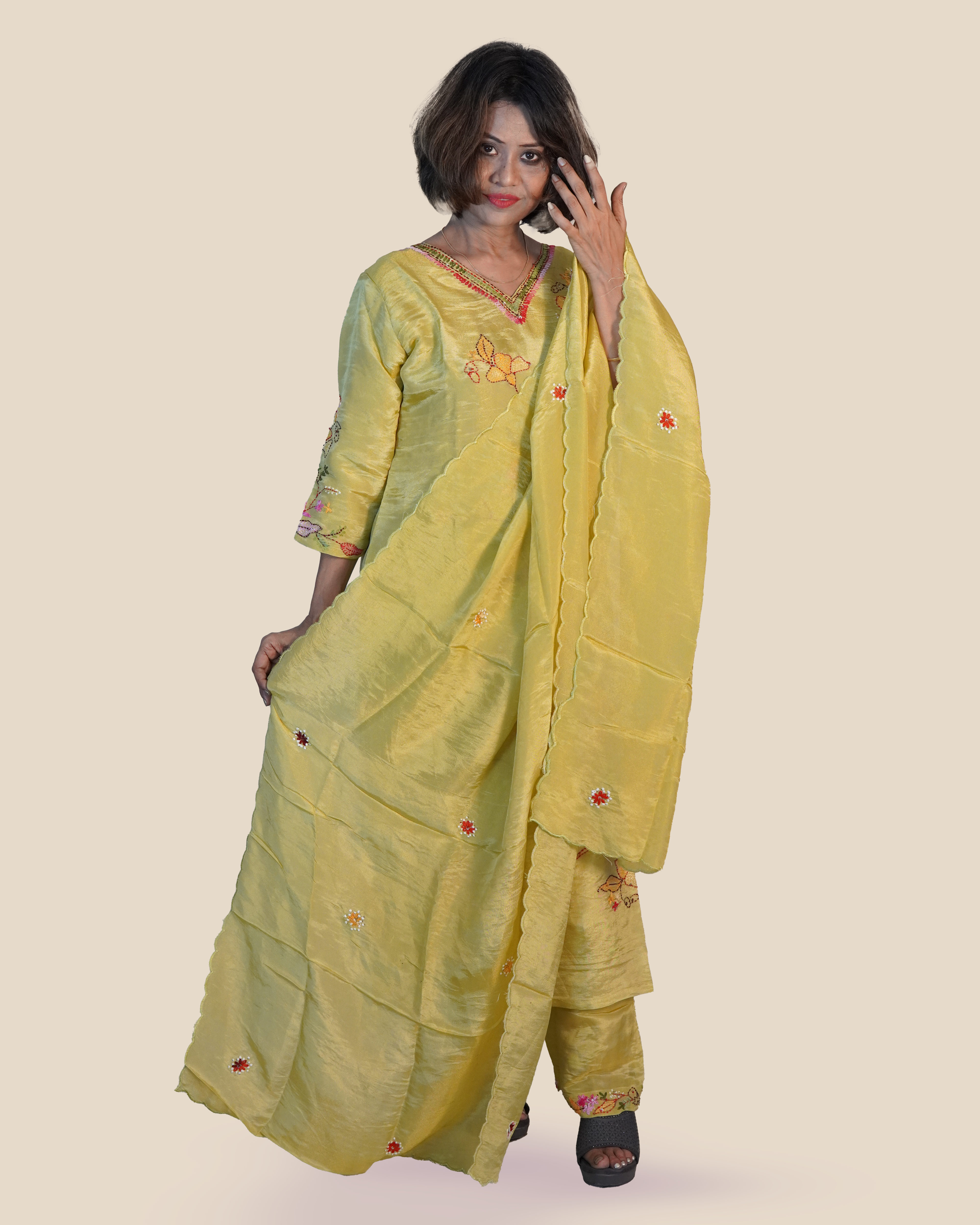 Shimmer Silk Hand Embroidered Kurti Set [Parrot]